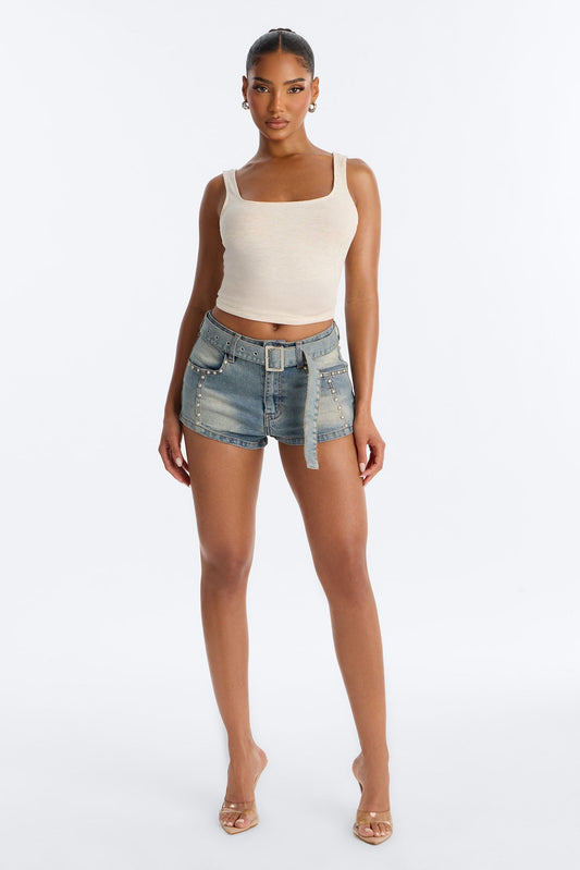 Under The Lights Studded Micro Denim Short - Vintage Wash NEWFASHIONEDGE
