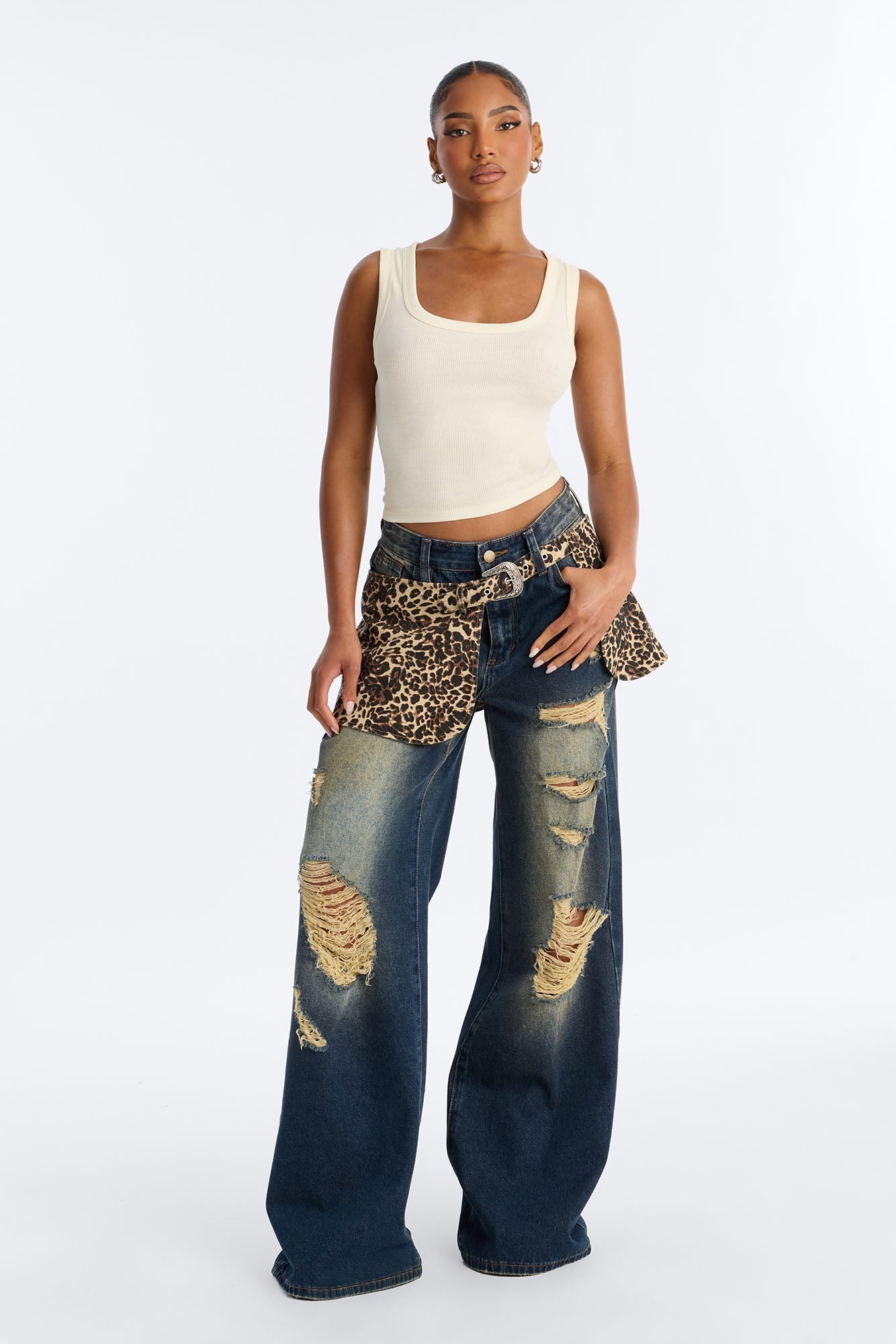 Wild Girl Belted Overlay Ripped Jeans - Dark Wash
