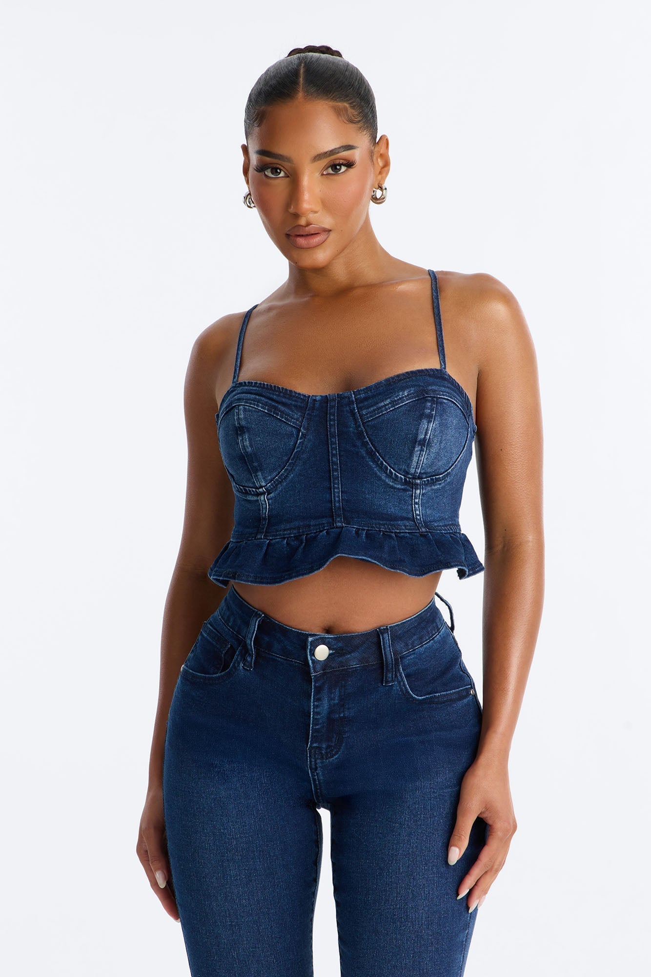 Steal The Show Ruffle Denim Bustier Tank - Dark Wash