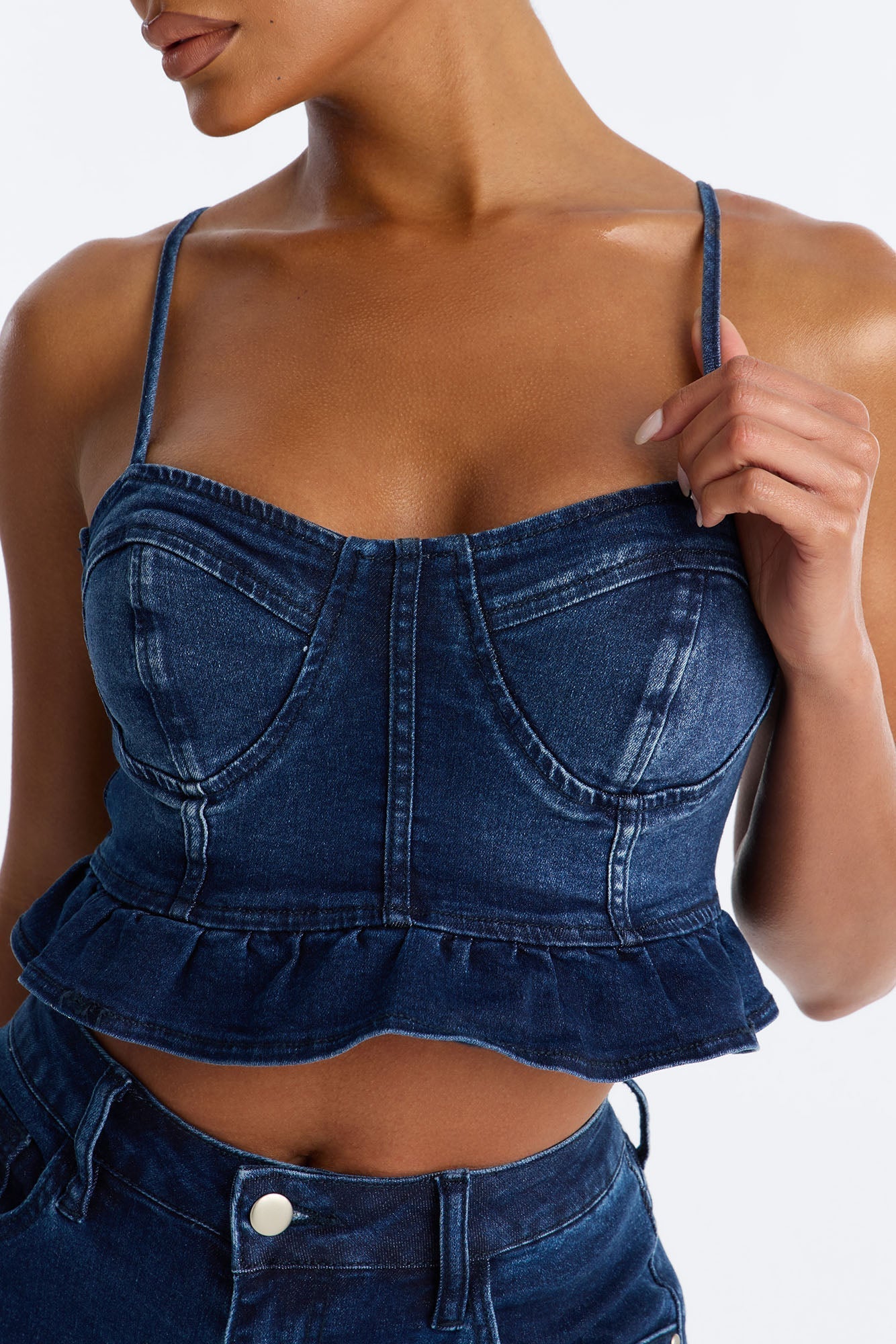 Steal The Show Ruffle Denim Bustier Tank - Dark Wash
