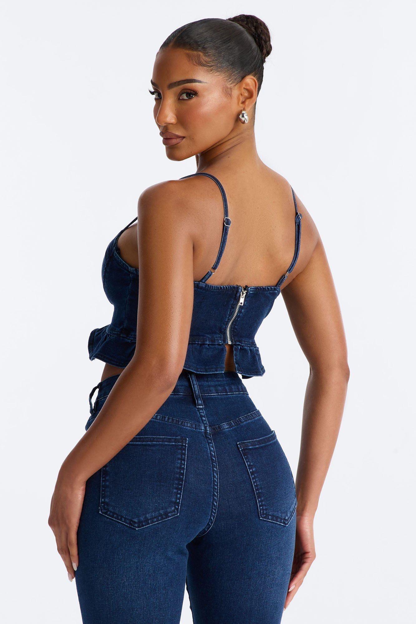 Steal The Show Ruffle Denim Bustier Tank - Dark Wash