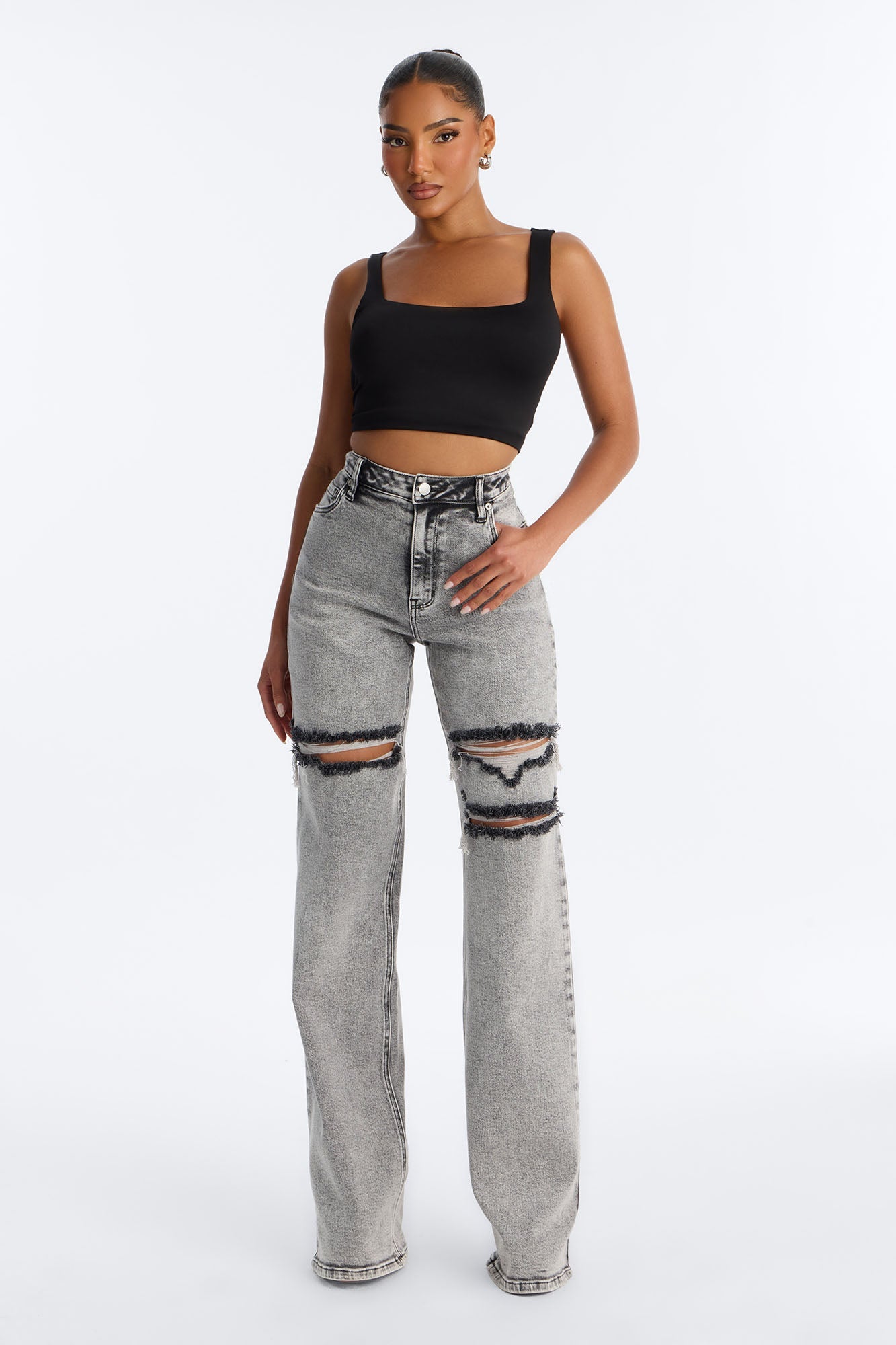 Tall Remi Ripped Stretch Baggy Jeans - Grey