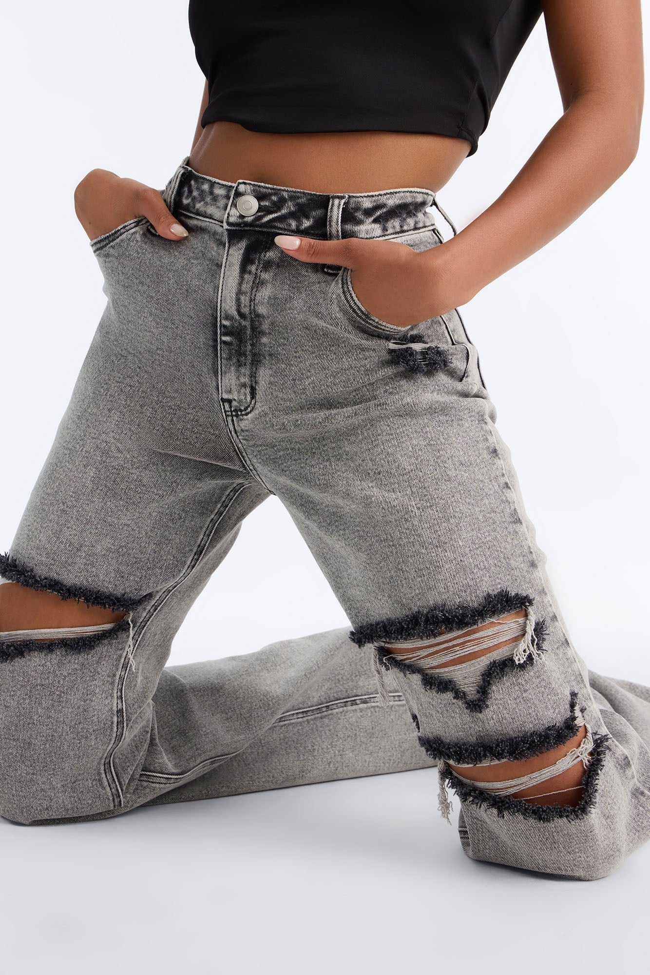 Tall Remi Ripped Stretch Baggy Jeans - Grey