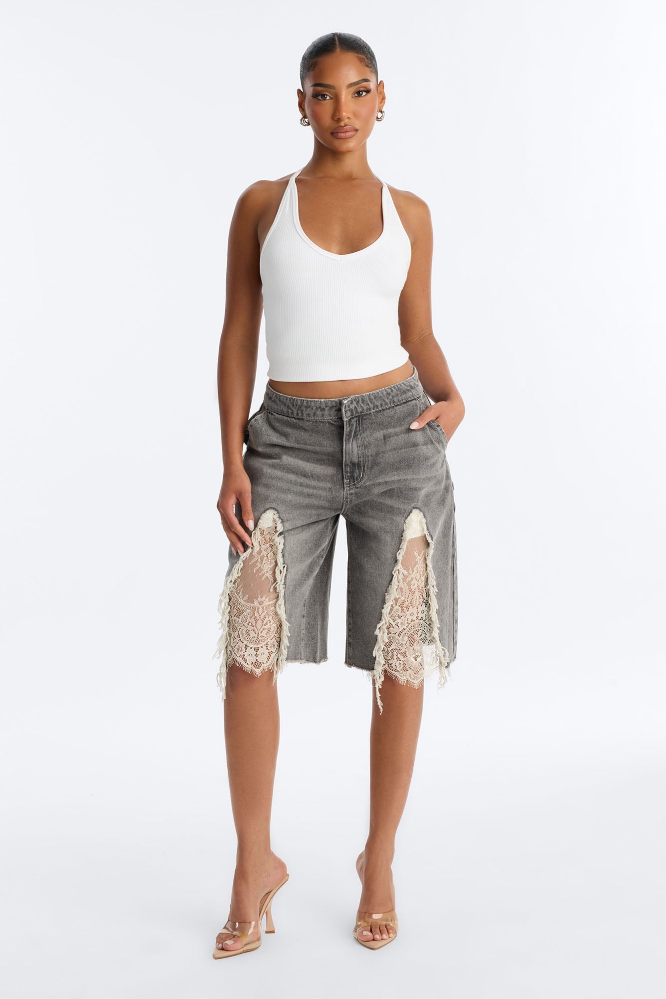 The Way It Goes Lace Detail Denim Jorts - Grey Fashion Nova