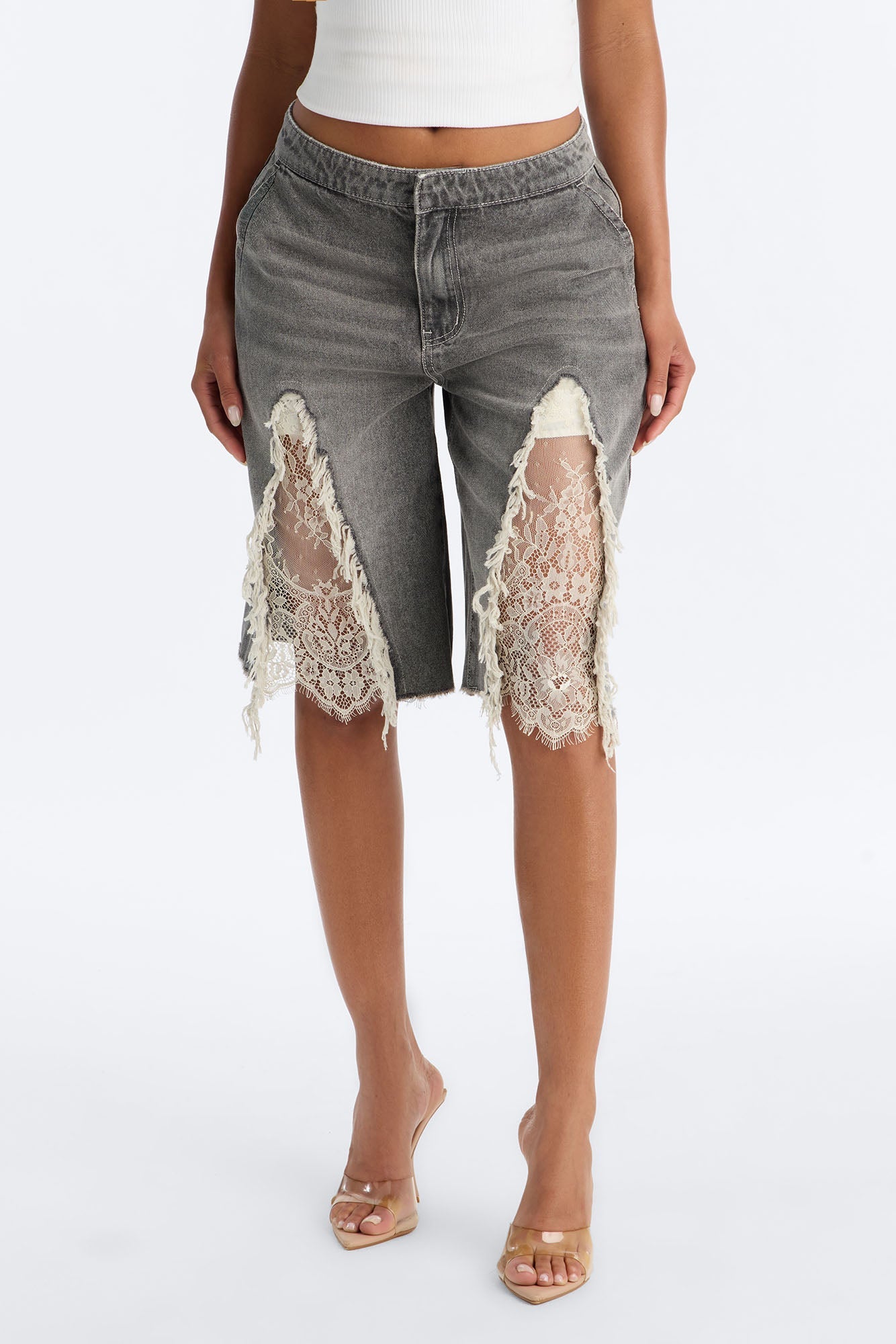 The Way It Goes Lace Detail Denim Jorts - Grey Fashion Nova