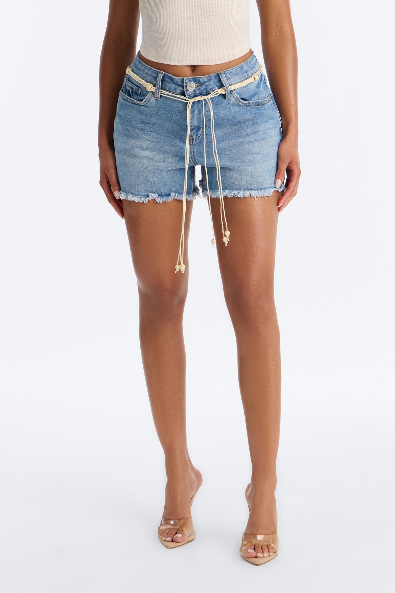 Indio Valley Belted Cut Off Denim Shorts - Medium Wash NEWFASHIONEDGE