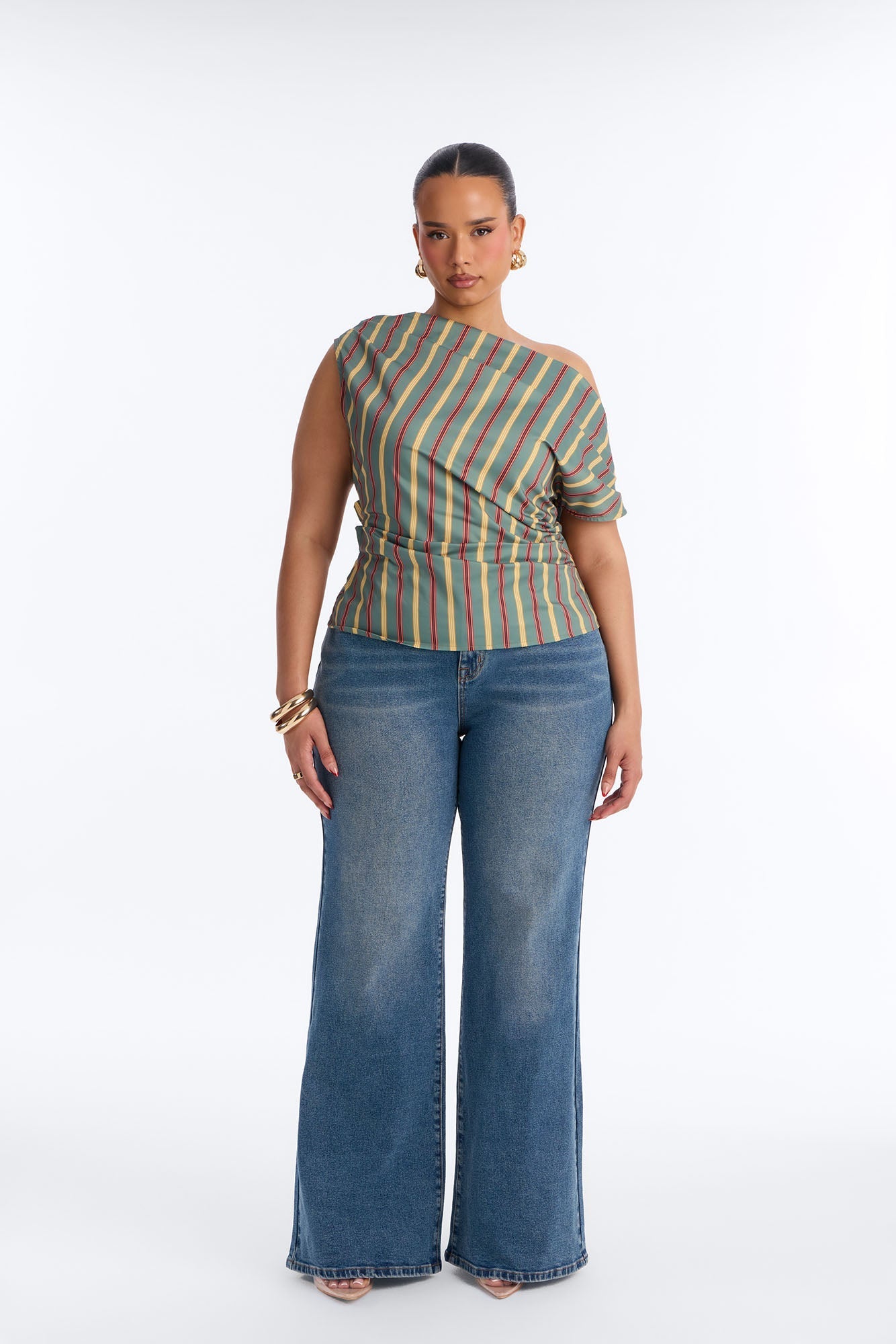 Set The Tone One Shoulder Striped Top - Green/combo