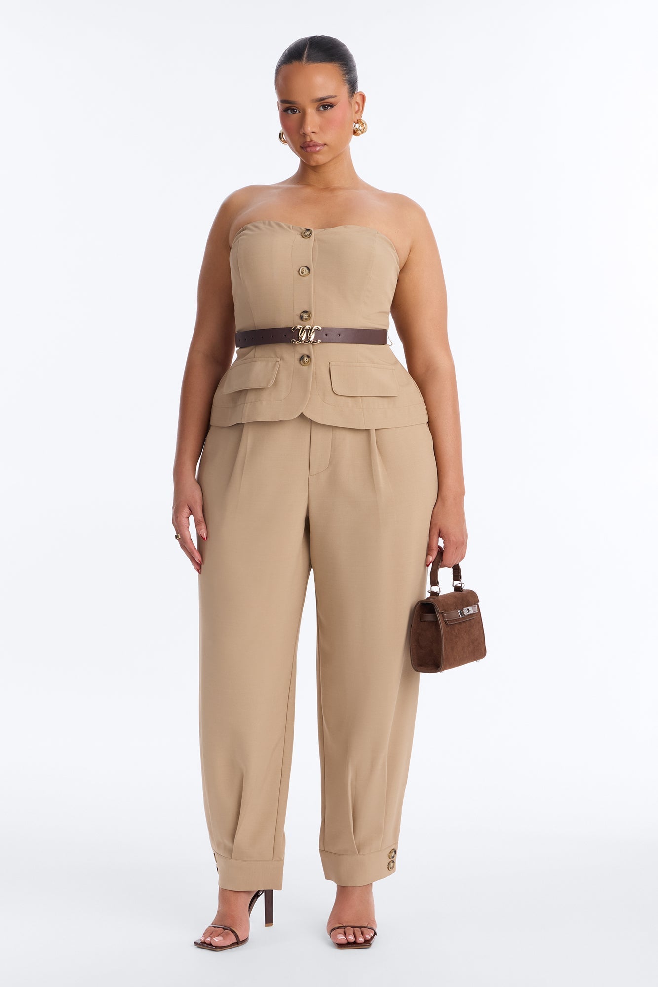 Victoria Belted Vest Pant Set - Taupe