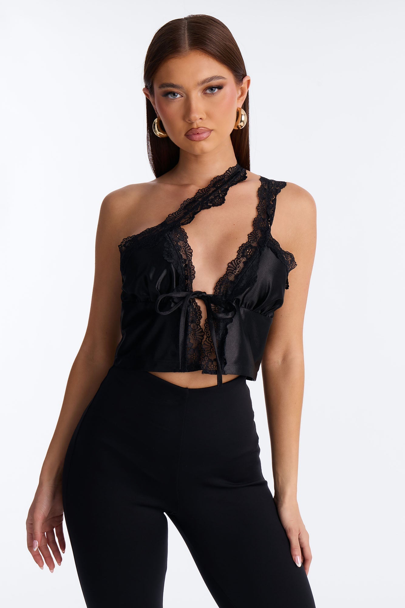 Melanie Satin Lace Trim One Shoulder Flyaway Top - Black NEWFASHIONEDGE