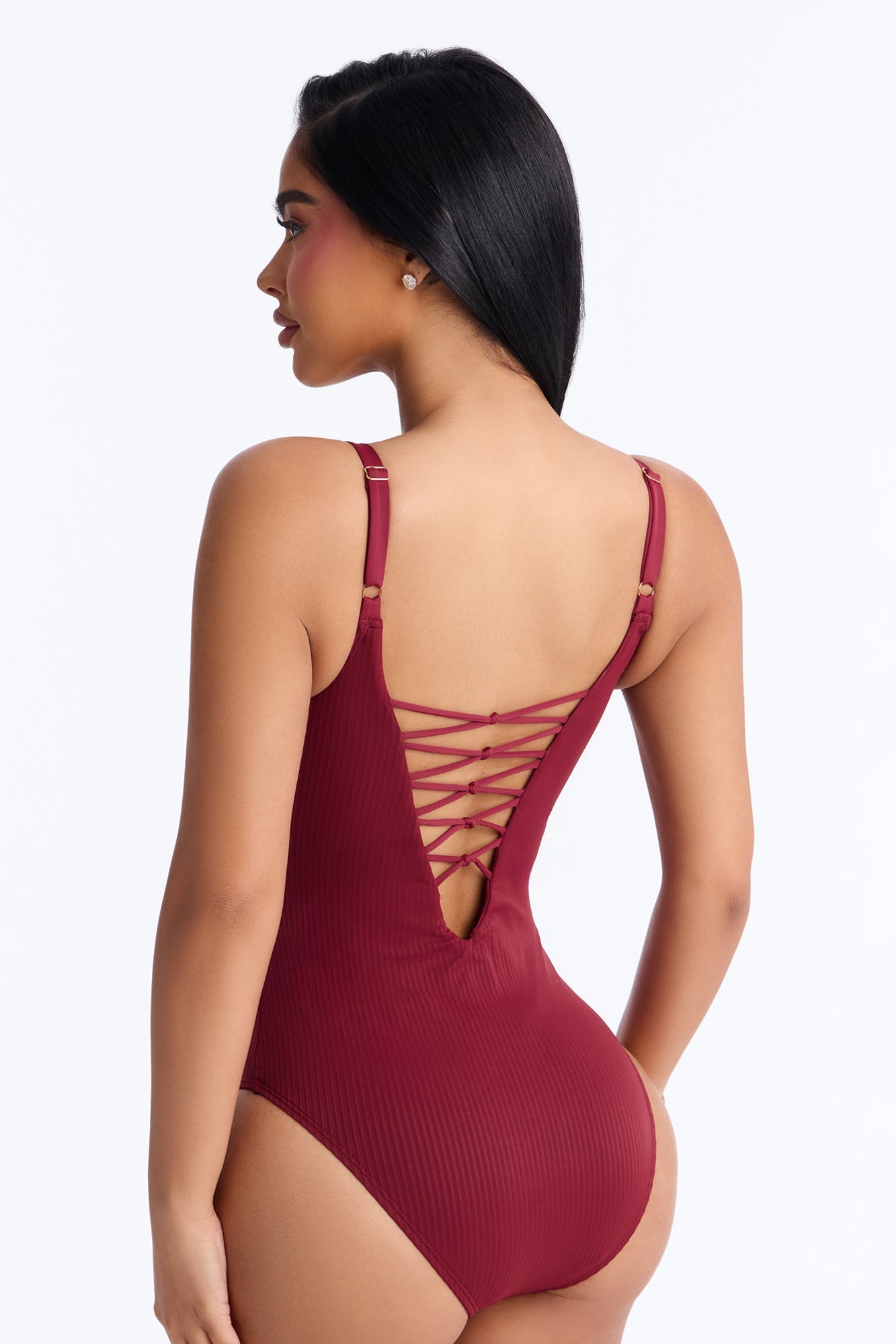 Sandy Hair Ribbed 1 Piece Swimsuit - Burgundy