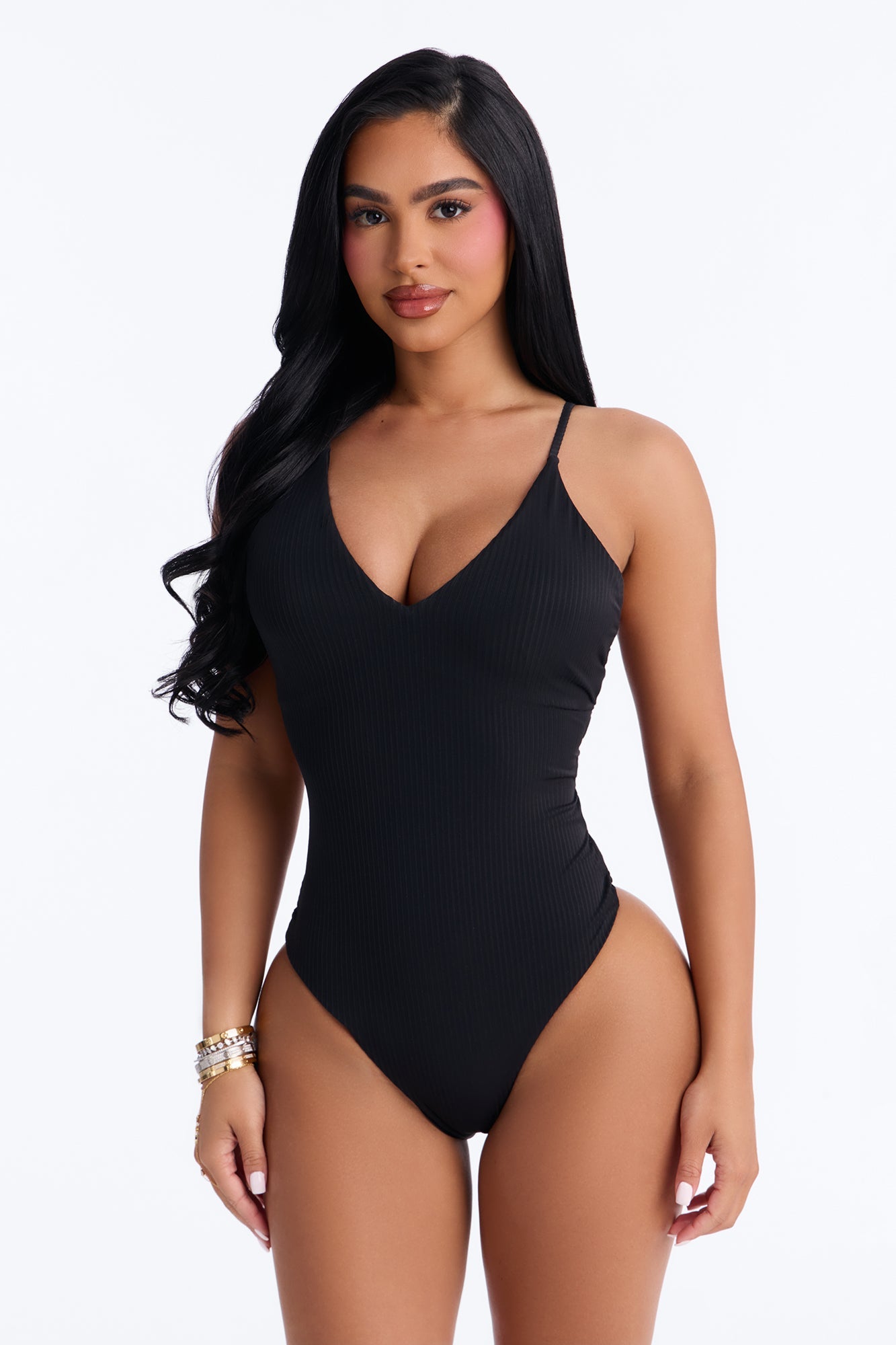 Quick Dip Side Cut Out Strappy Ribbed 1 Piece Swimsuit - Black