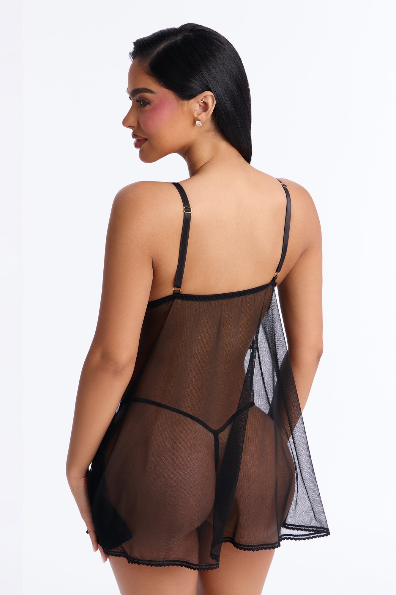 Pace Yourself Sheer Flyaway Layered Lace Cups Babydoll - Black
