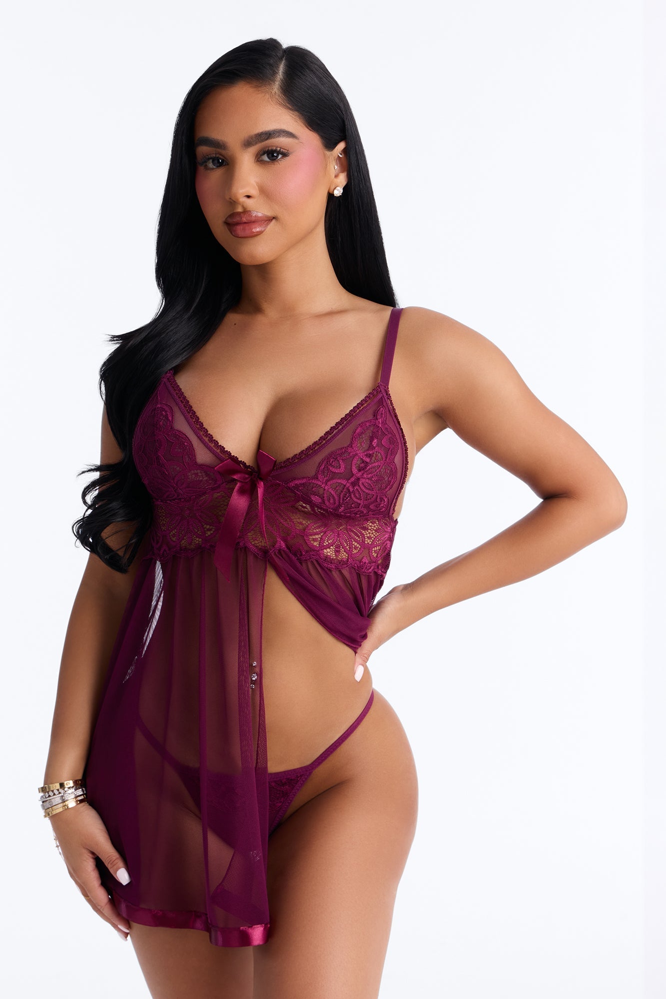 Must Be You Sheer Flyaway Lace Cup Babydoll - Purple