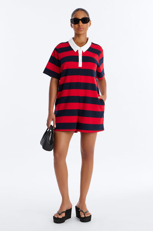 Bailey Striped Polo Romper - Burgundy