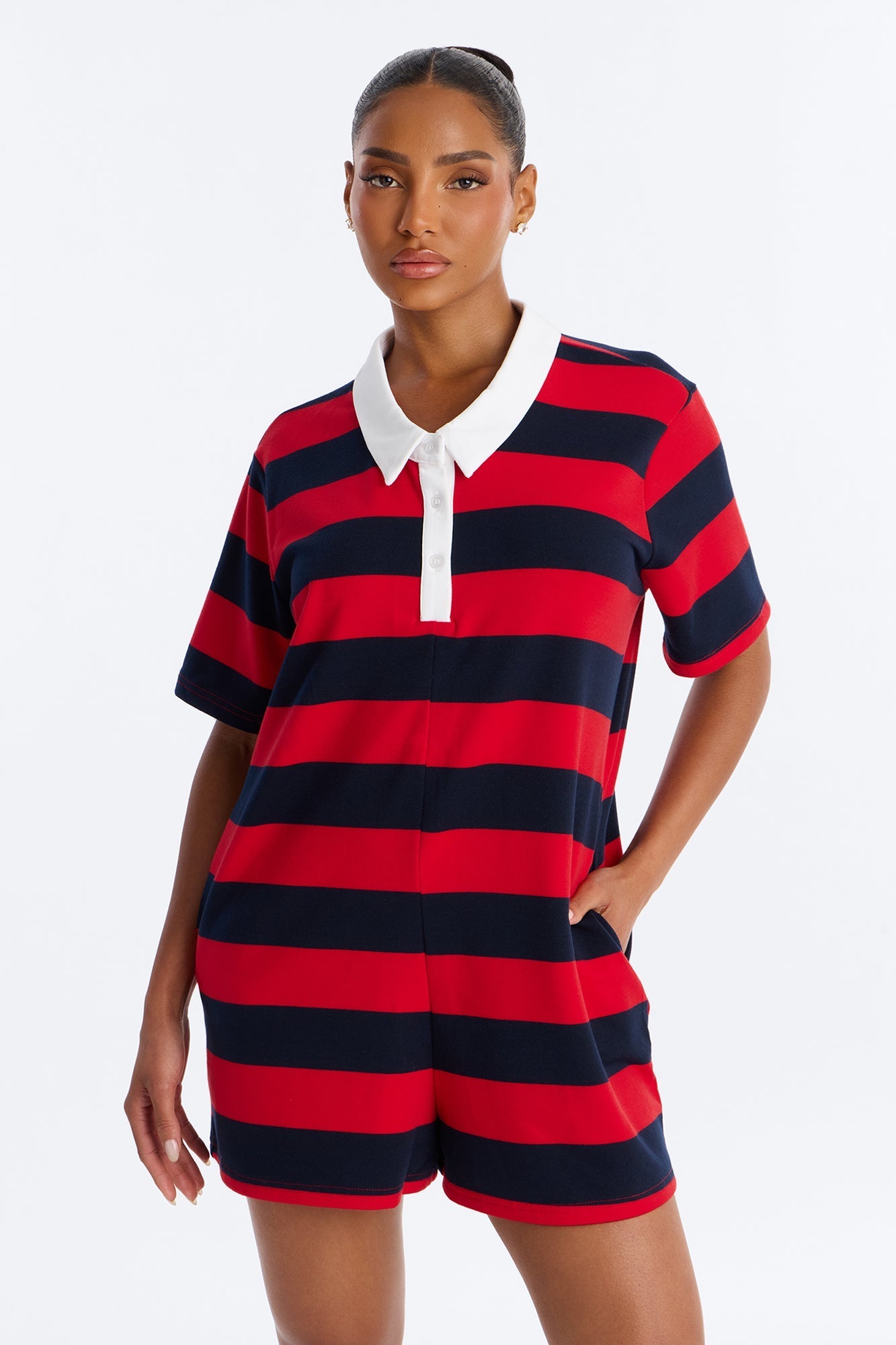 Bailey Striped Polo Romper - Burgundy