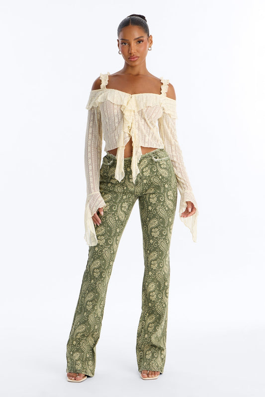 Lazy Paisley Low Rise Printed Jeans - Olive