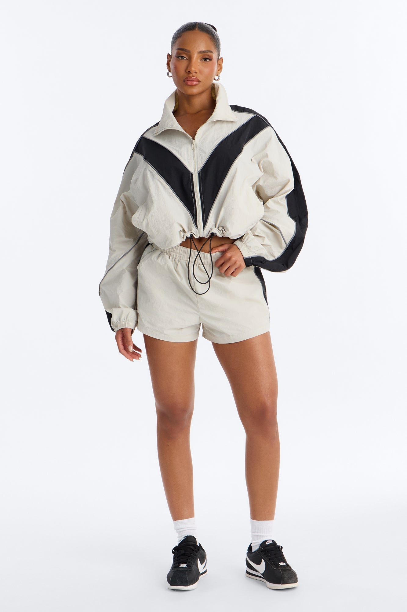 Break A Sweat Windbreaker Funnel Neck Track Jacket - Taupe/combo Fashion Nova