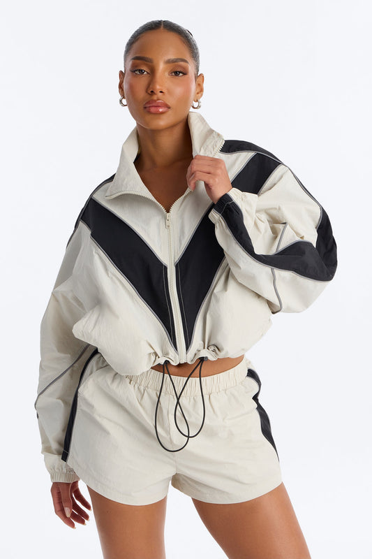 Break A Sweat Windbreaker Funnel Neck Track Jacket - Taupe/combo Fashion Nova