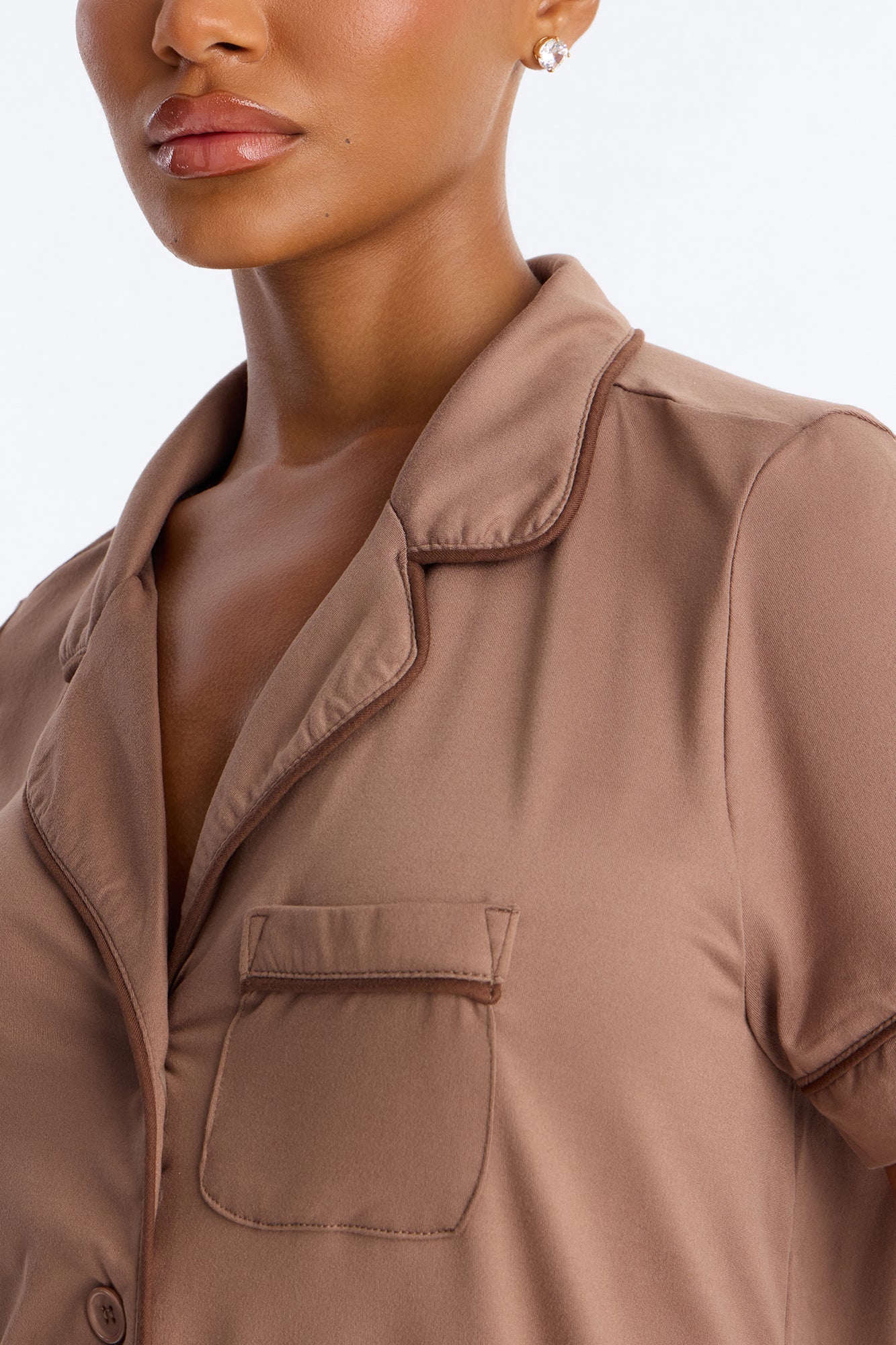 Blush Nights Button Up Short Sleeve PJ Short Set - Brown