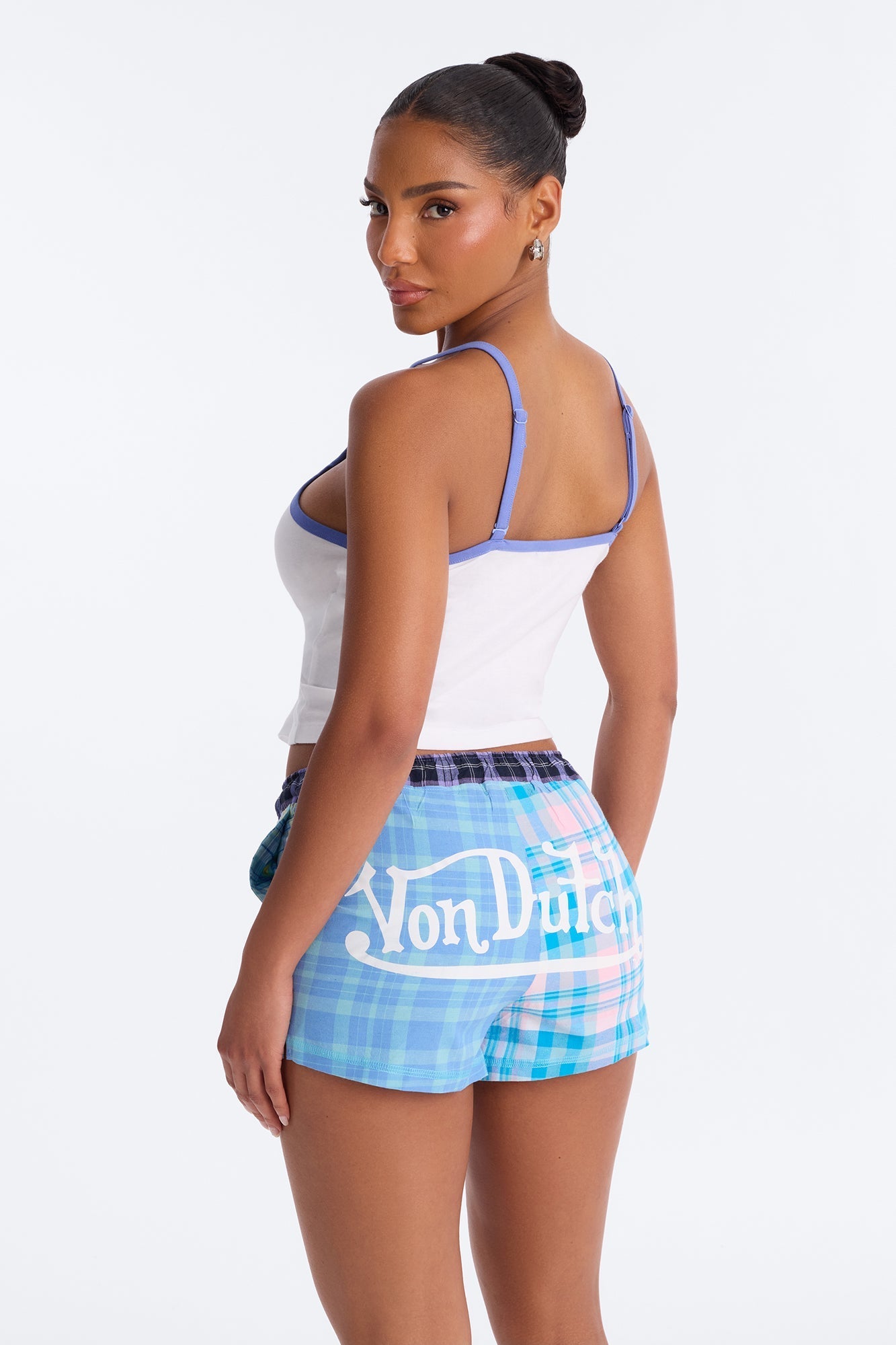 Von Dutch Plaid Logo PJ Short Set - White/Blue