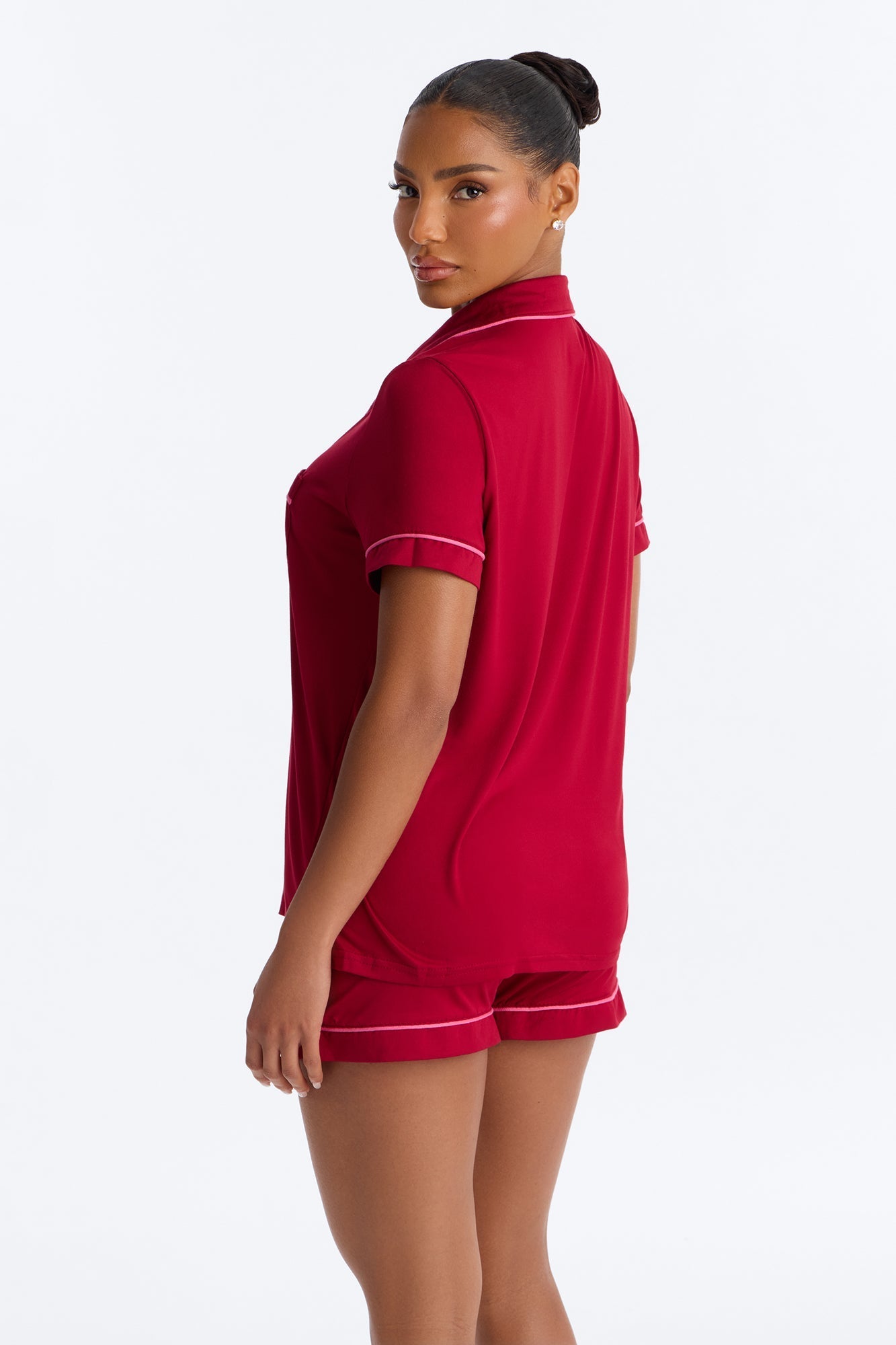 Blush Nights Button Up Short Sleeve PJ Short Set - Wine