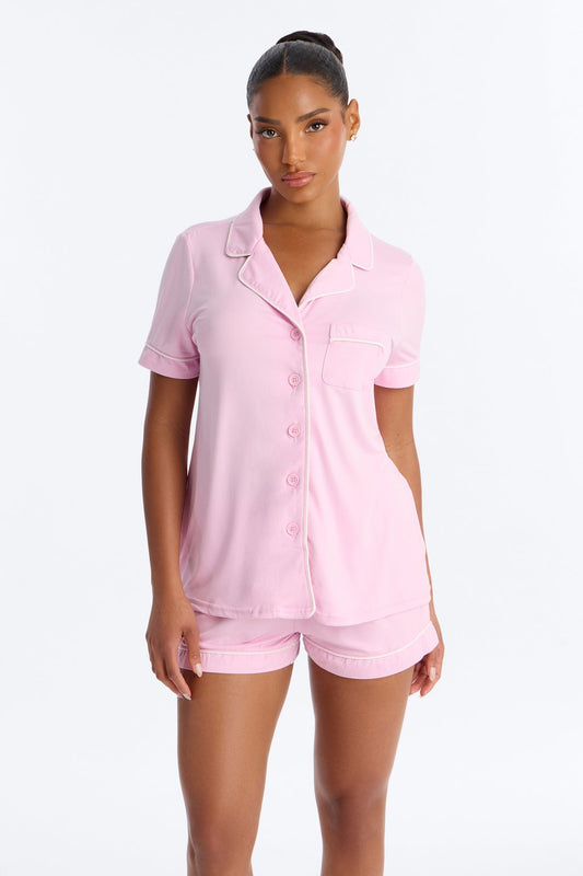 Blush Nights Button Up Short Sleeve PJ Short Set - Light Pink