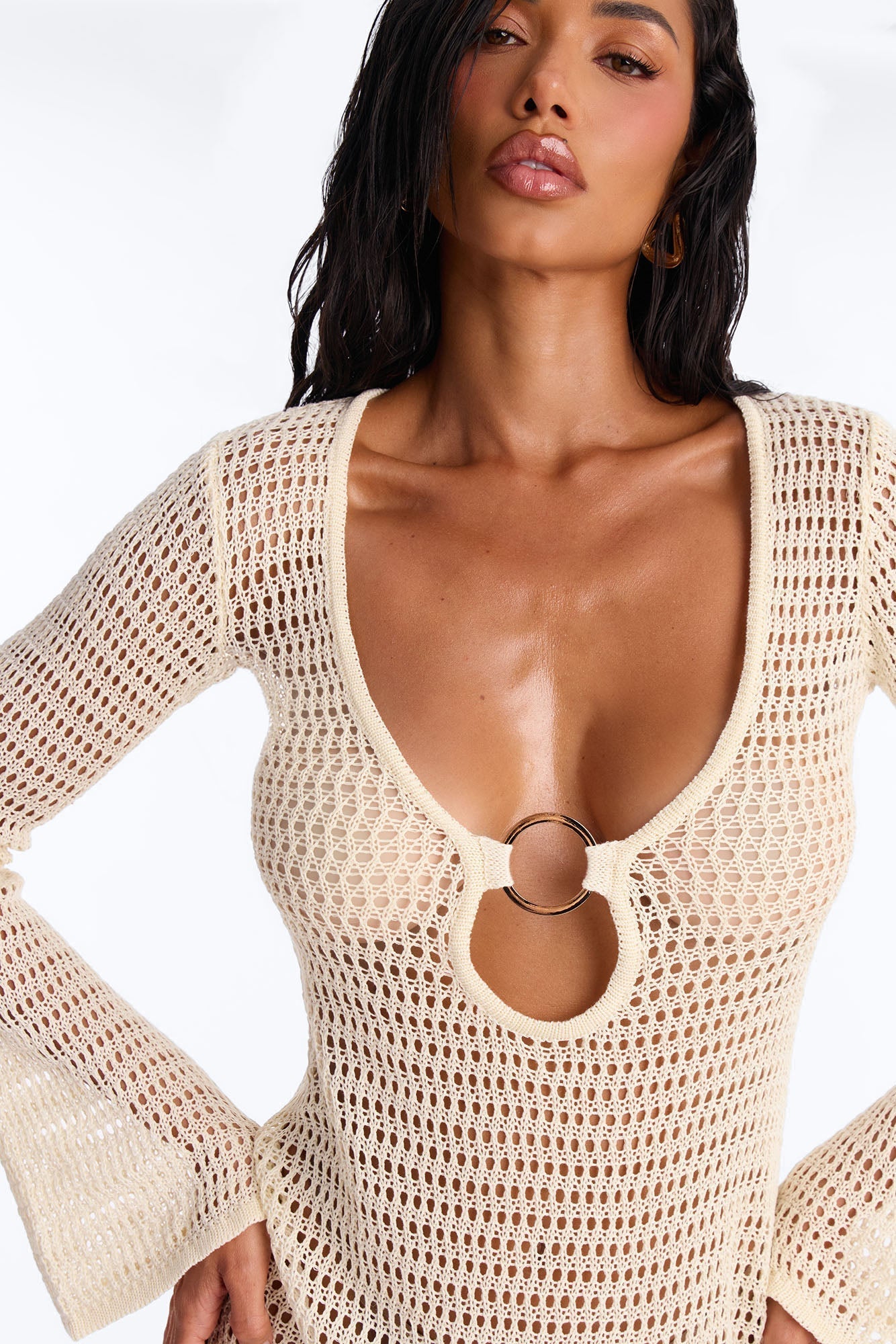 Clare Textured Long Sleeve O-Ring Swim Cover Up Dress - Cream