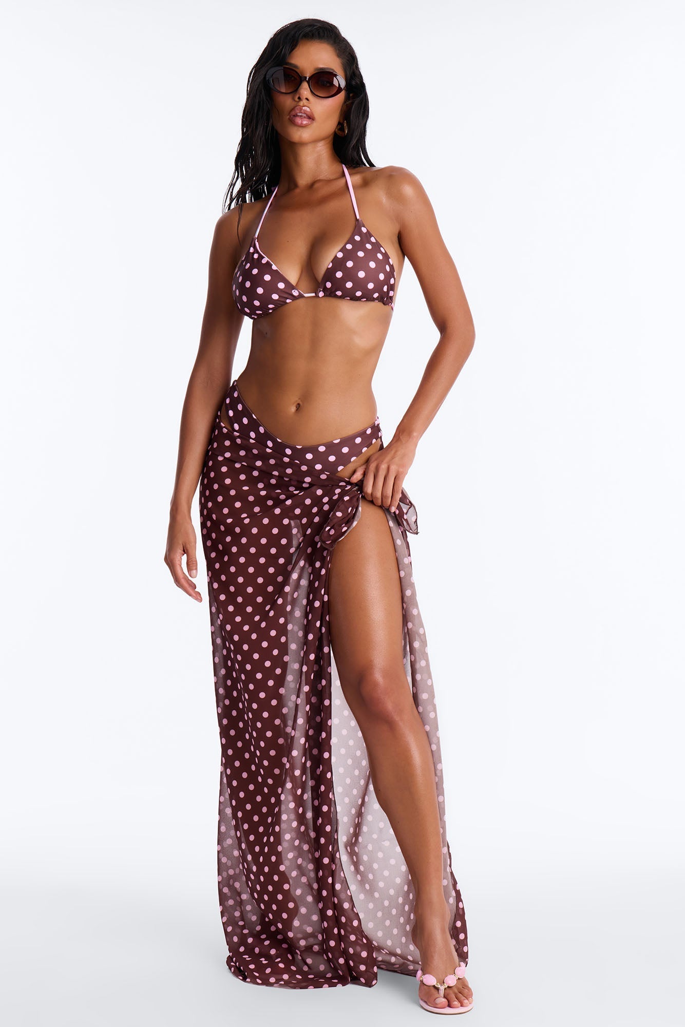 Beach Therapy Polka Dot Contrast Maxi 3 Piece Bikini Sarong Set - Purple/combo