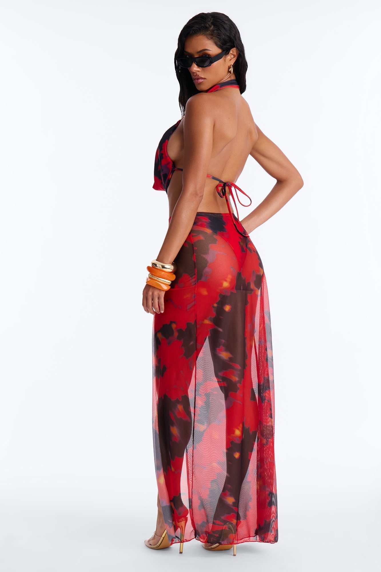 Late Night Crush 2 Piece Mesh Swim Cover Up Maxi Skirt Set - Multi Color