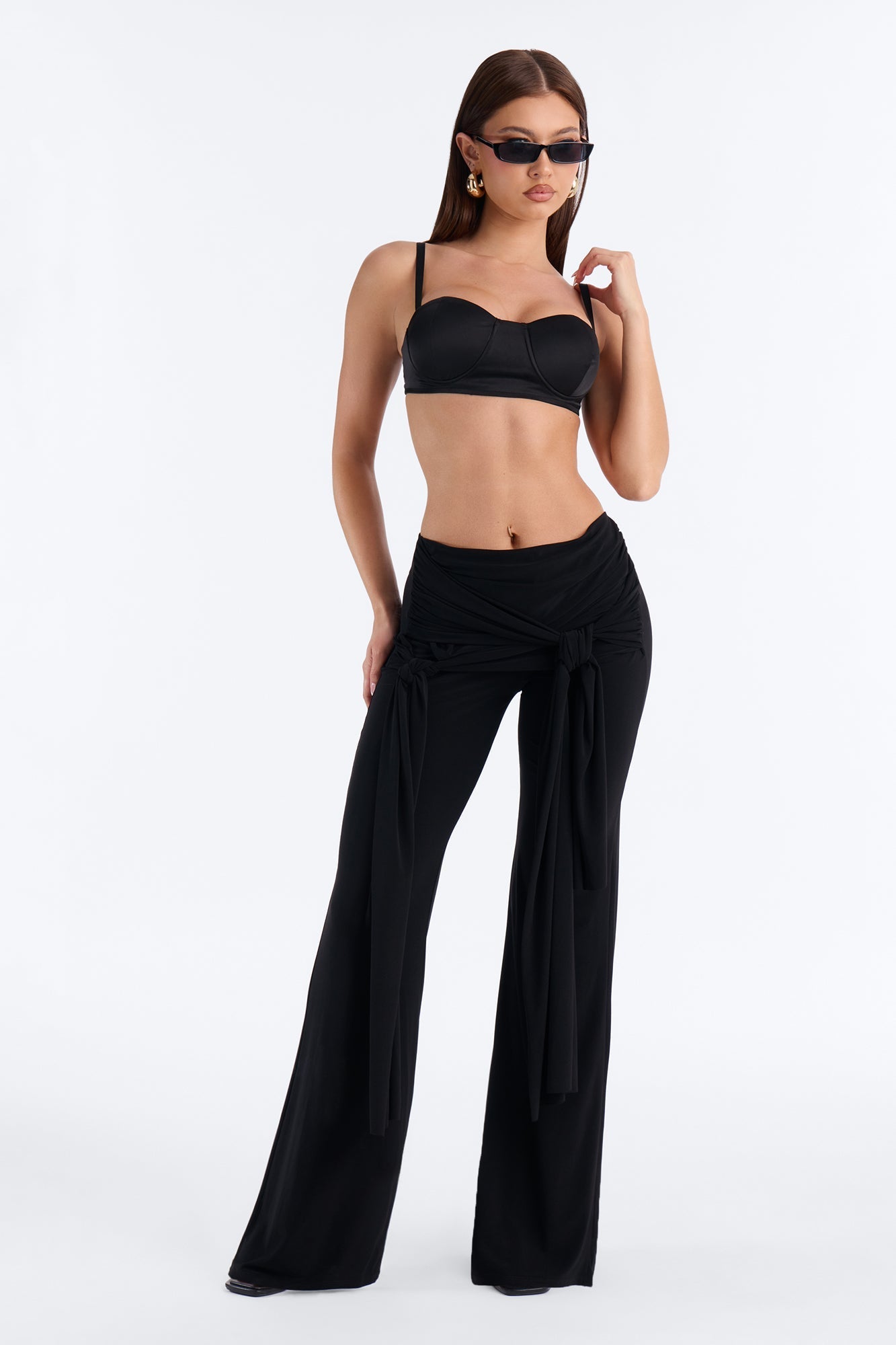 Sakura High Rise Tie Waist Flare Pants - Black
