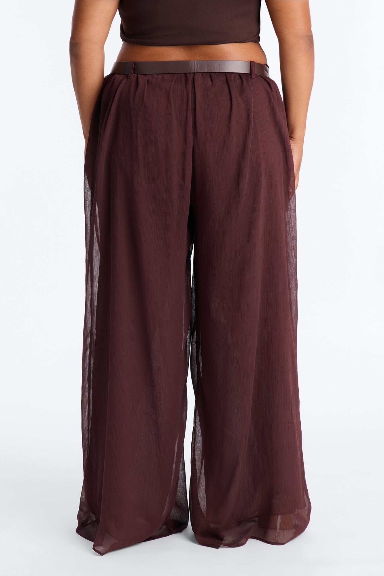 Chloe Wide Leg Chiffon Belted Pant - Chocolate