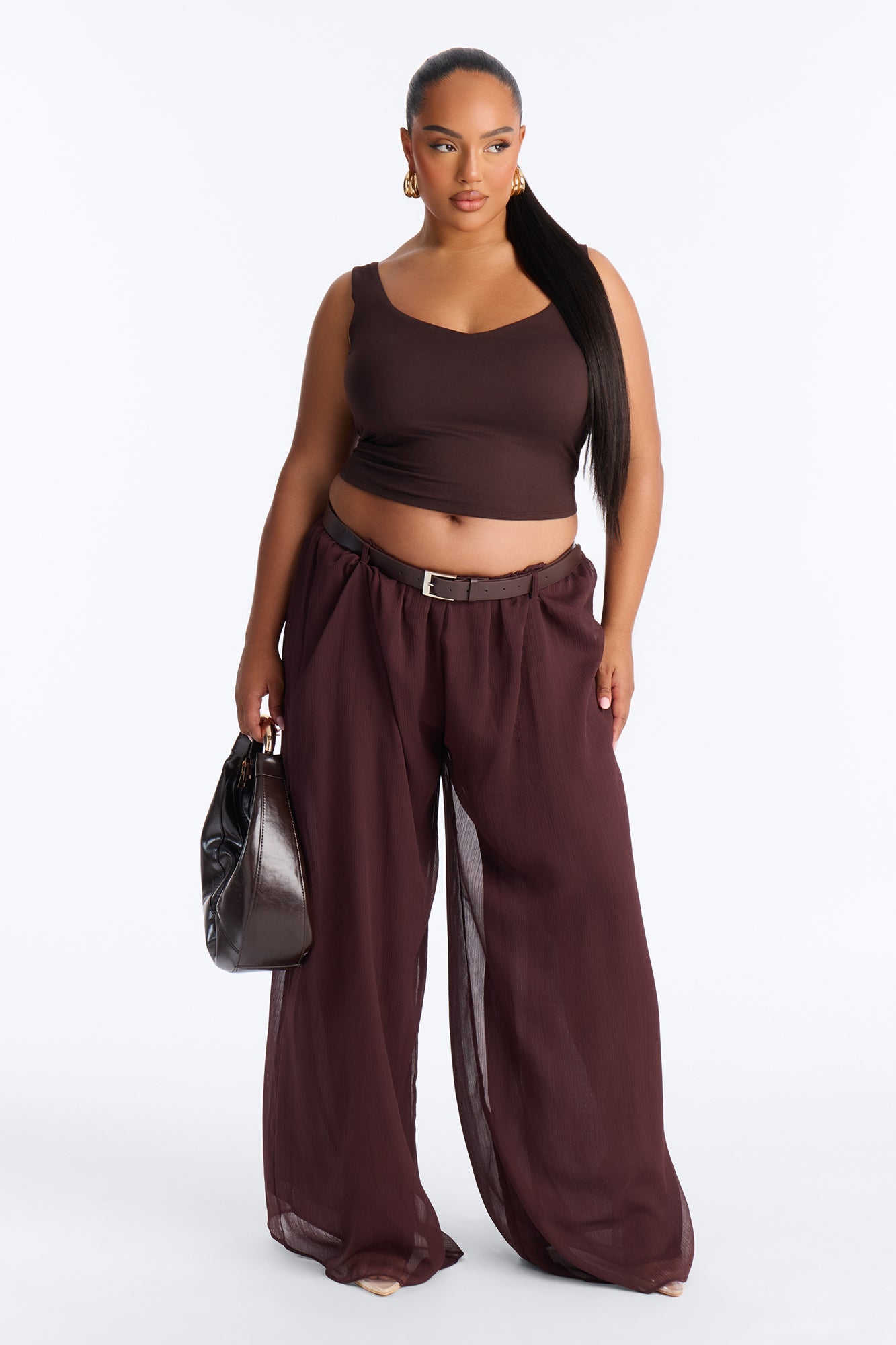 Chloe Wide Leg Chiffon Belted Pant - Chocolate