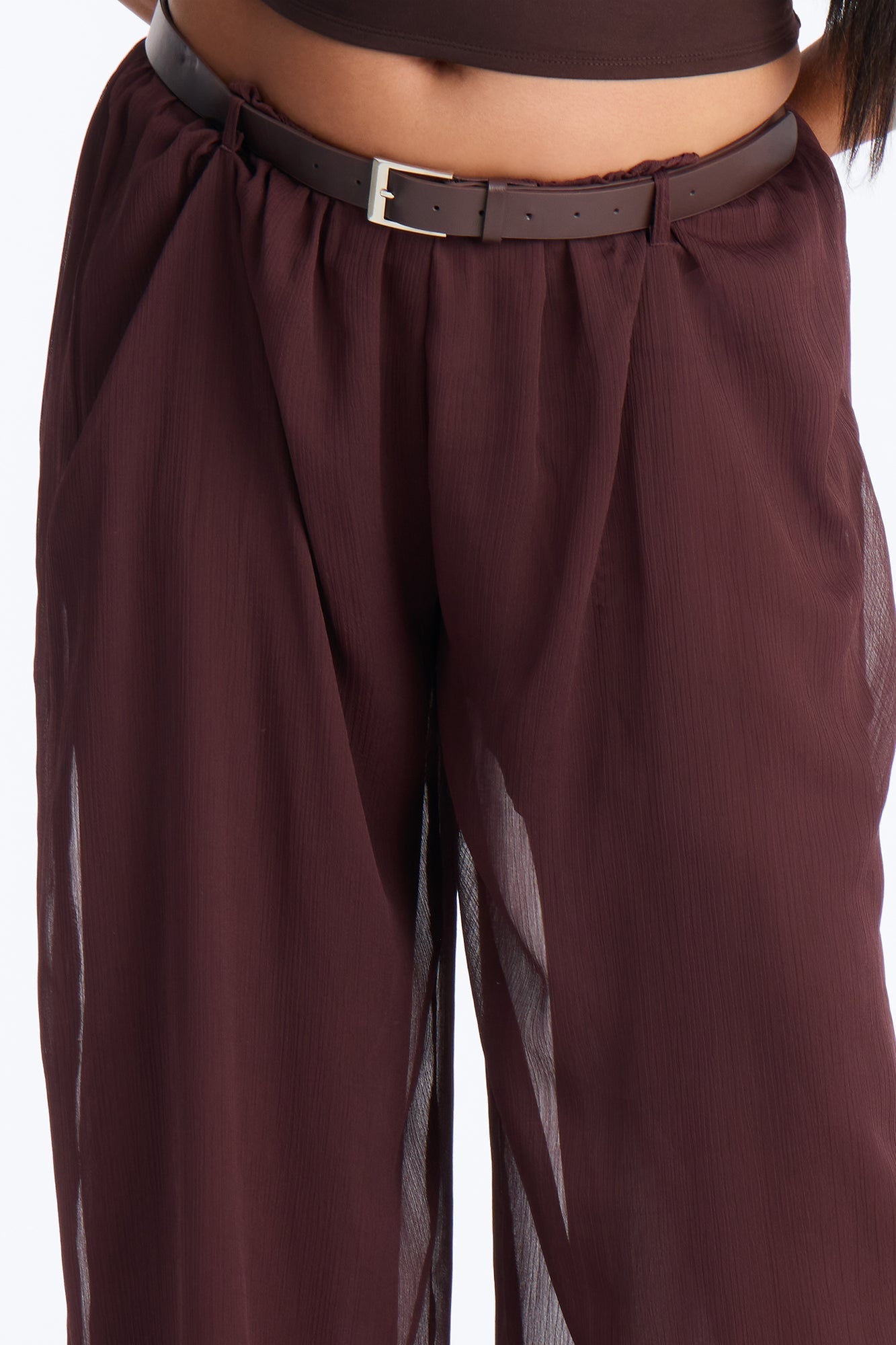 Chloe Wide Leg Chiffon Belted Pant - Chocolate