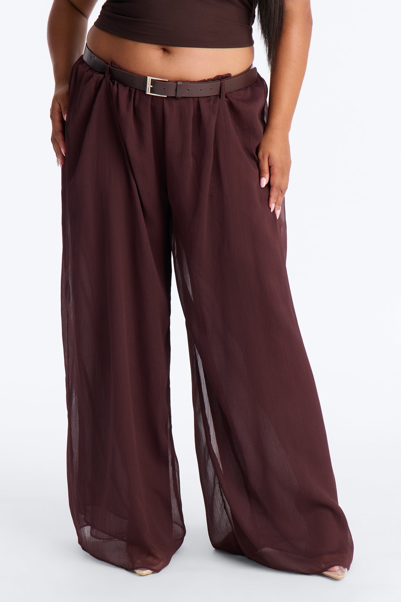 Chloe Wide Leg Chiffon Belted Pant - Chocolate