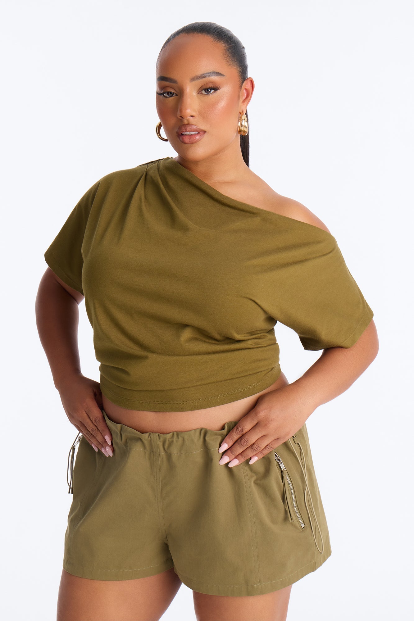 City Lounge Off Shoulder Short Sleeve T-Shirt - Olive