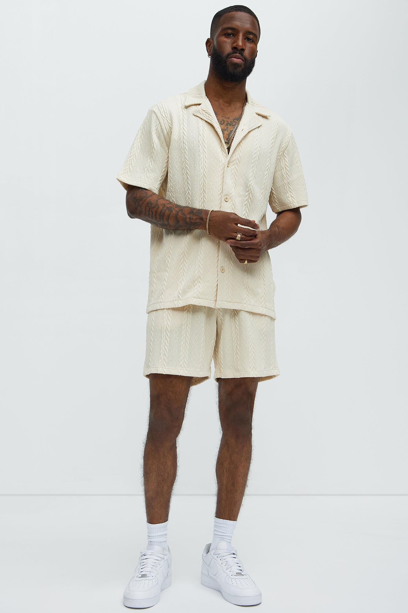 Textured Stripes Relaxed Drawstring Shorts - Cream