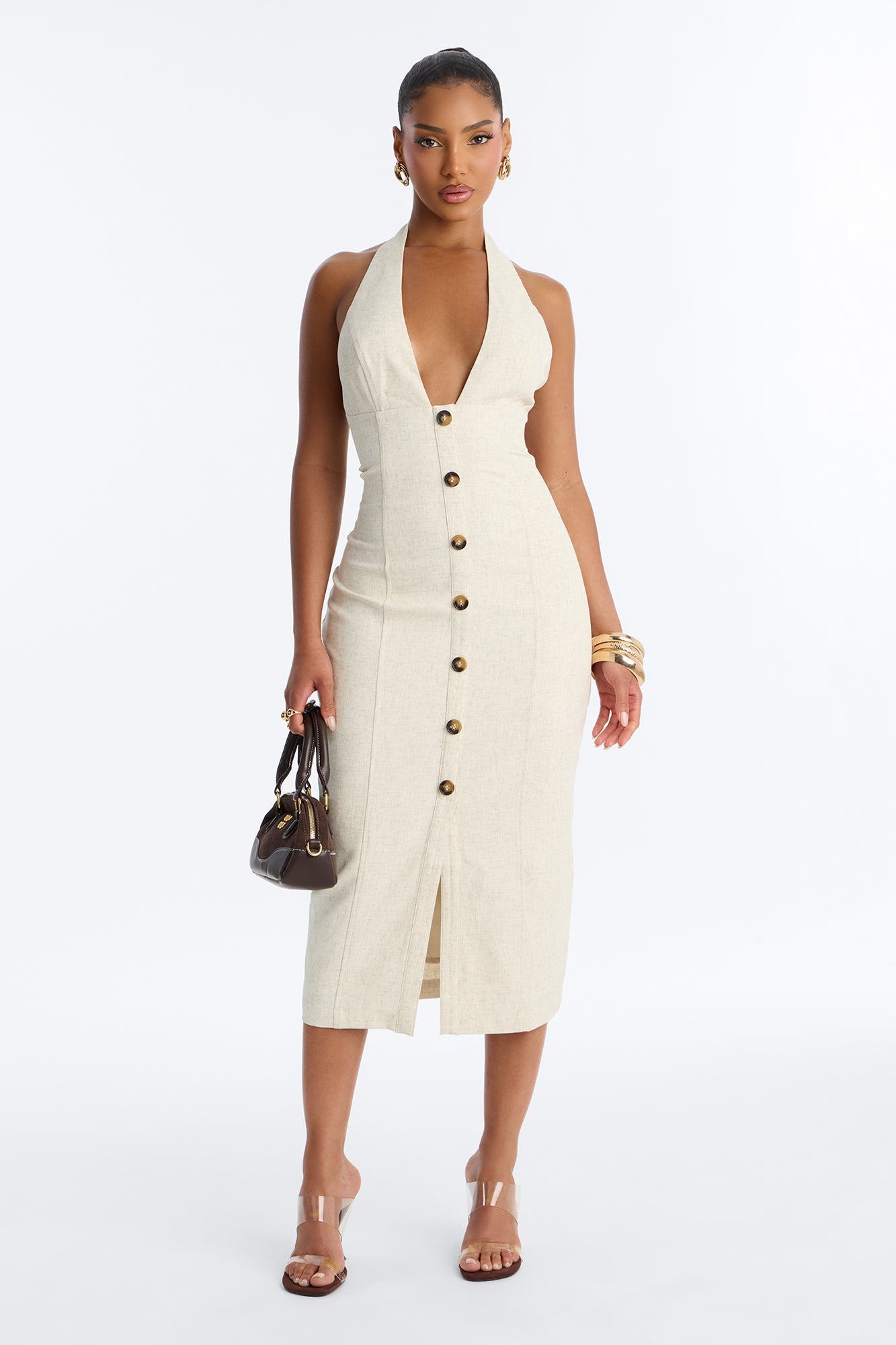 Leah Linen Midi Dress - Cream NEWFASHIONEDGE