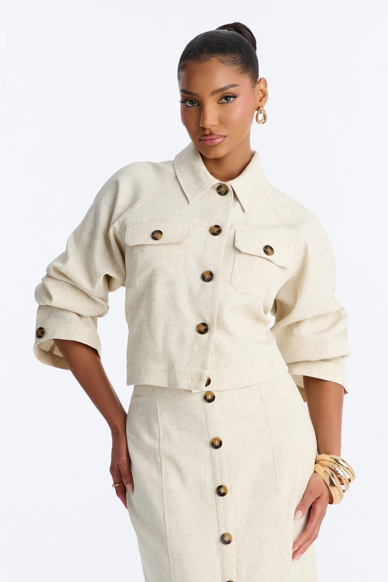 Leah Linen Cropped Jacket - Cream NEWFASHIONEDGE