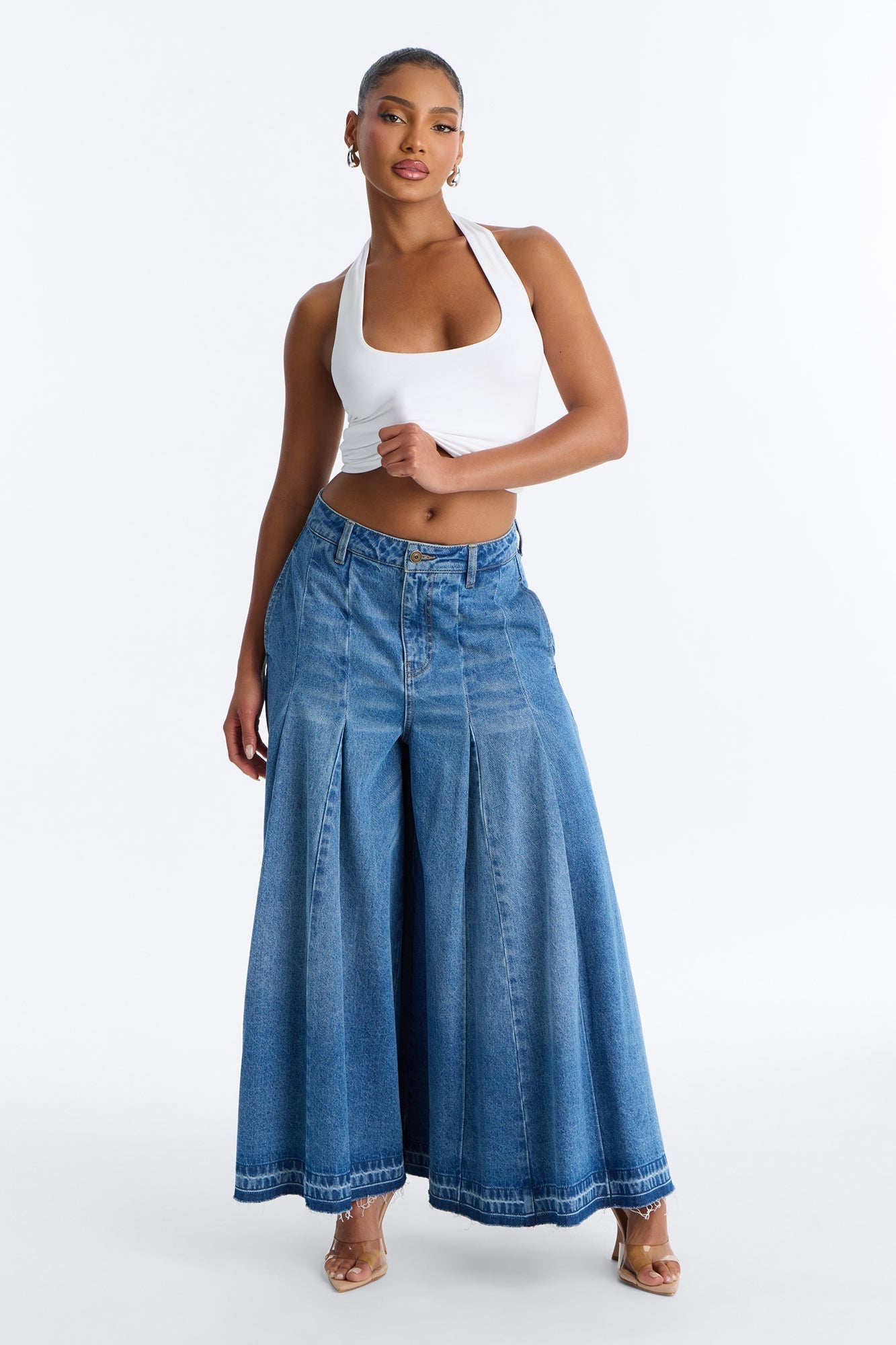 Milano Pleated Denim Culotte Jeans - Medium Wash