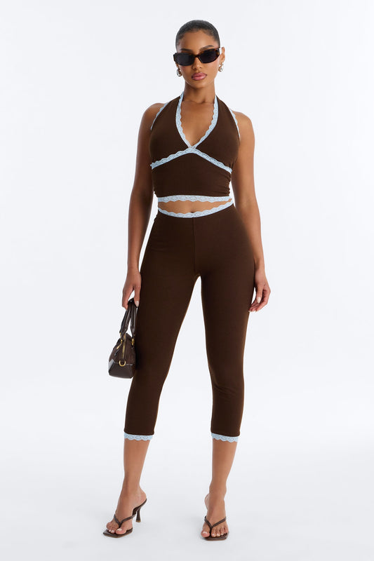 Your's Truly Halter Laced Ribbed Capri Set - Chocolate/Combo