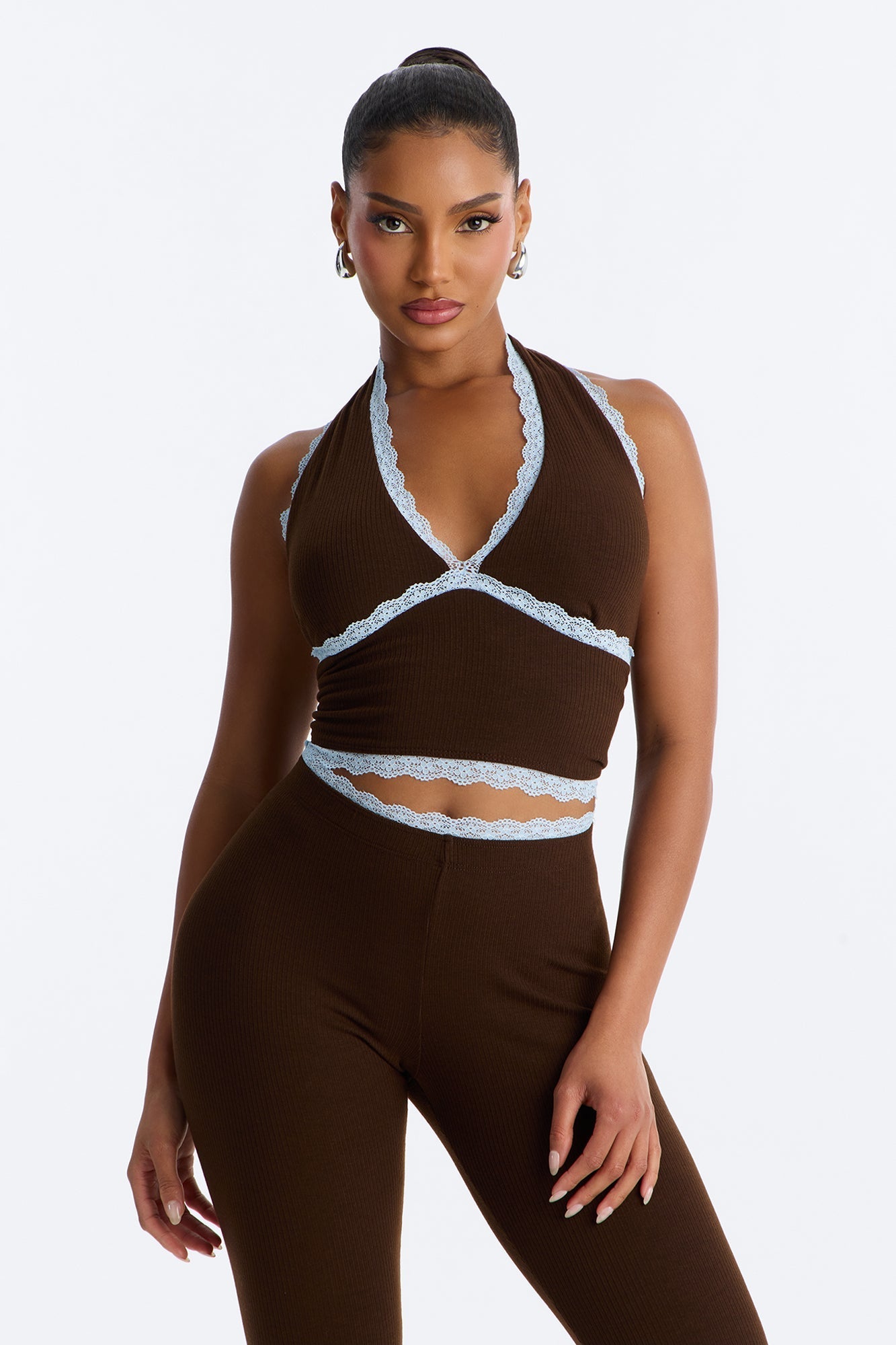 Your's Truly Halter Laced Ribbed Capri Set - Chocolate/Combo