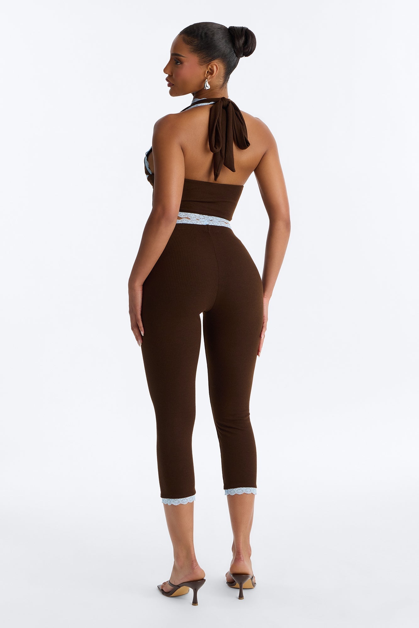 Your's Truly Halter Laced Ribbed Capri Set - Chocolate/Combo