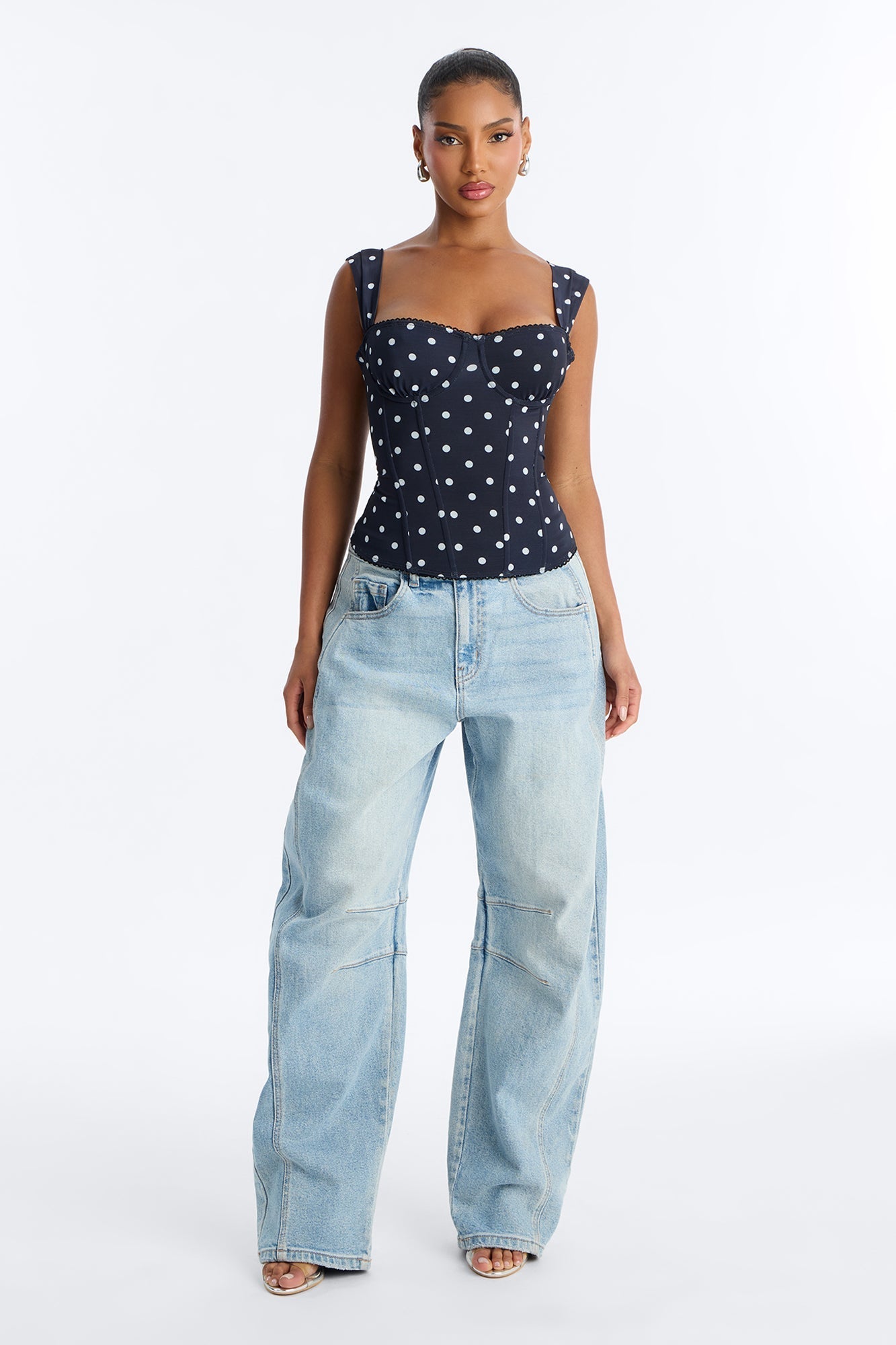 Carina Mesh Square Neck Polka Dot Corset Top - Black/combo