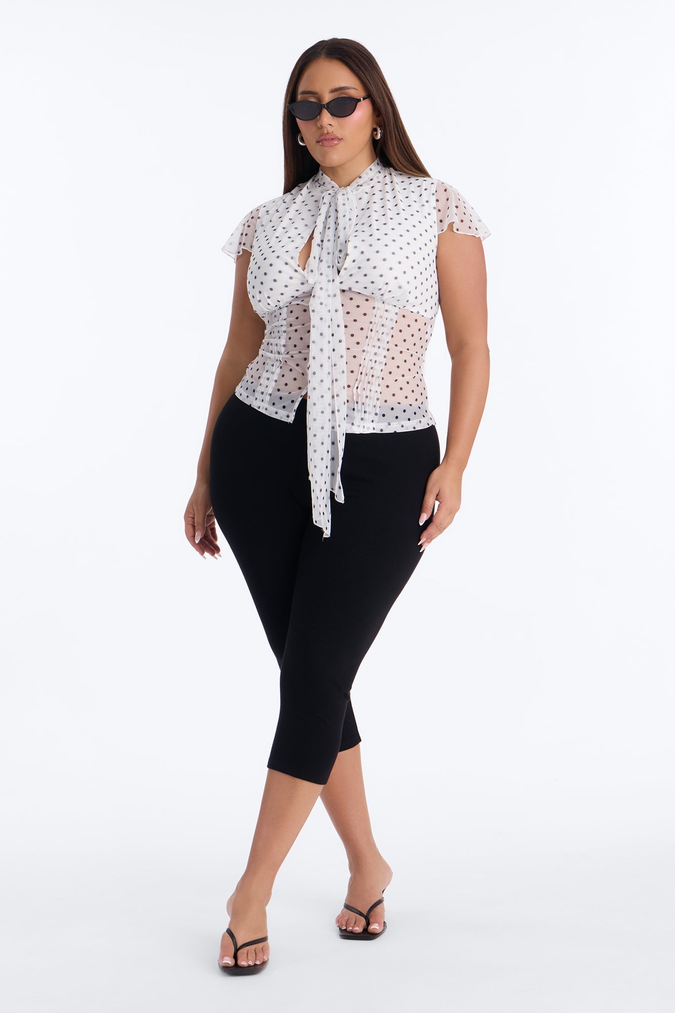 Arabelle Polka Dot Mesh Short Sleeve Top - White/Black