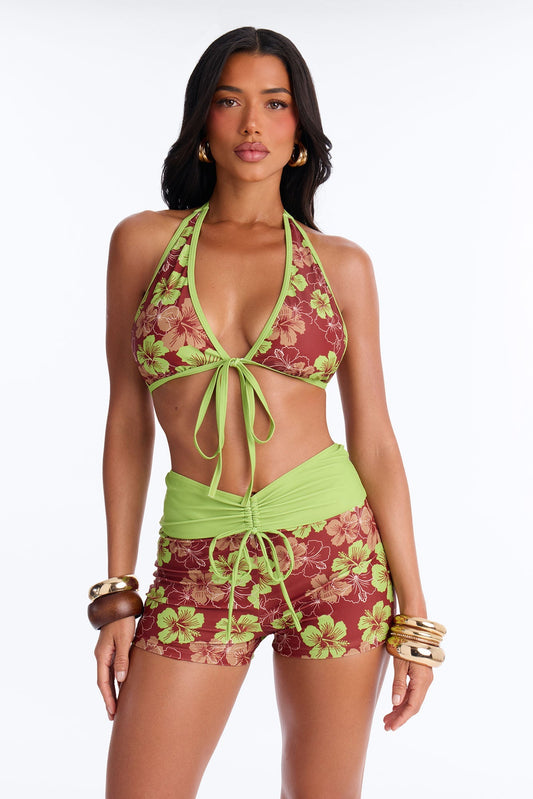 Alana Floral 3 Piece Halter Bikini & Short Sunsuit - Brown/combo