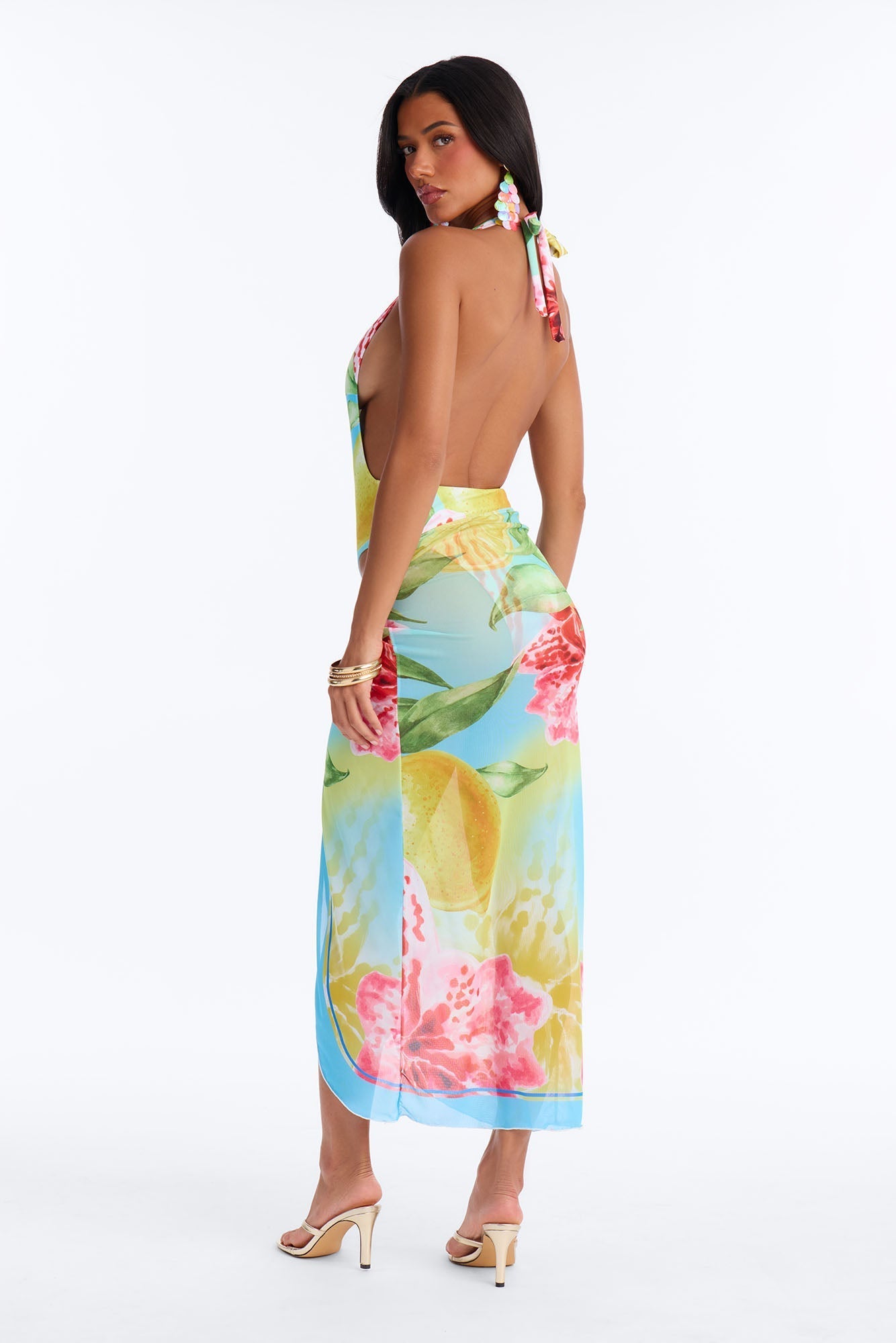 Tropical Escape 1 Piece Plunge Swimsuit & Mesh Cover Up Maxi Skirt Set - Multi Color