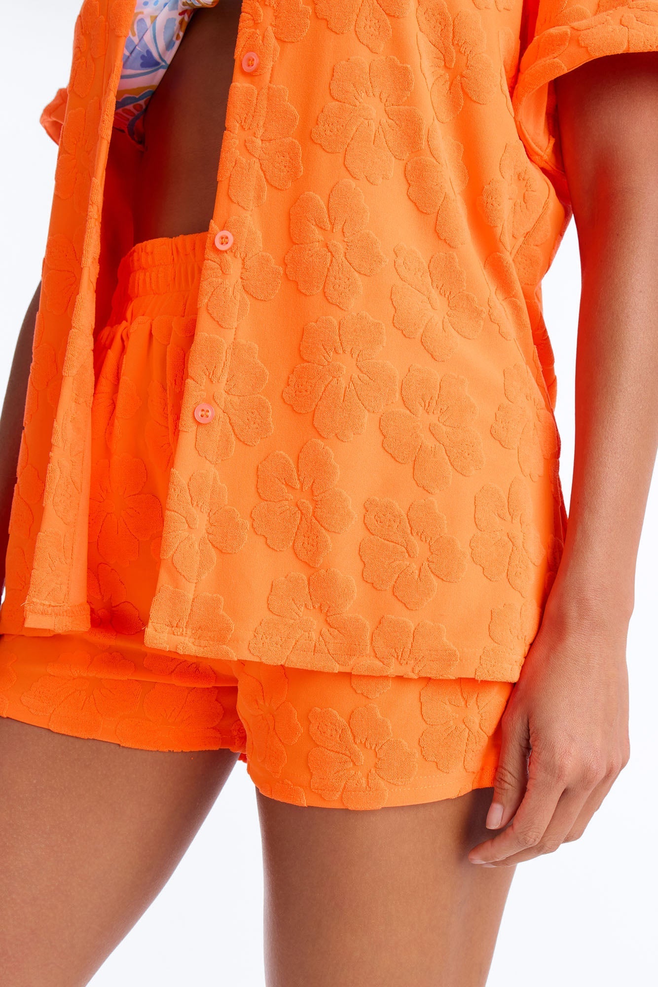 Cristal Textured Swim Cover Up Short Set - Orange