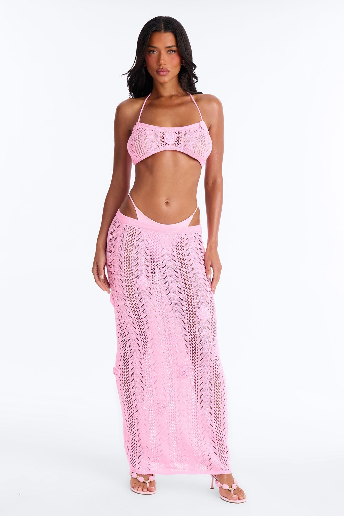 Seas The Bloom 3 Piece Floral Swim Crochet Cover Up Skirt Set - Pink NEWFASHIONEDGE