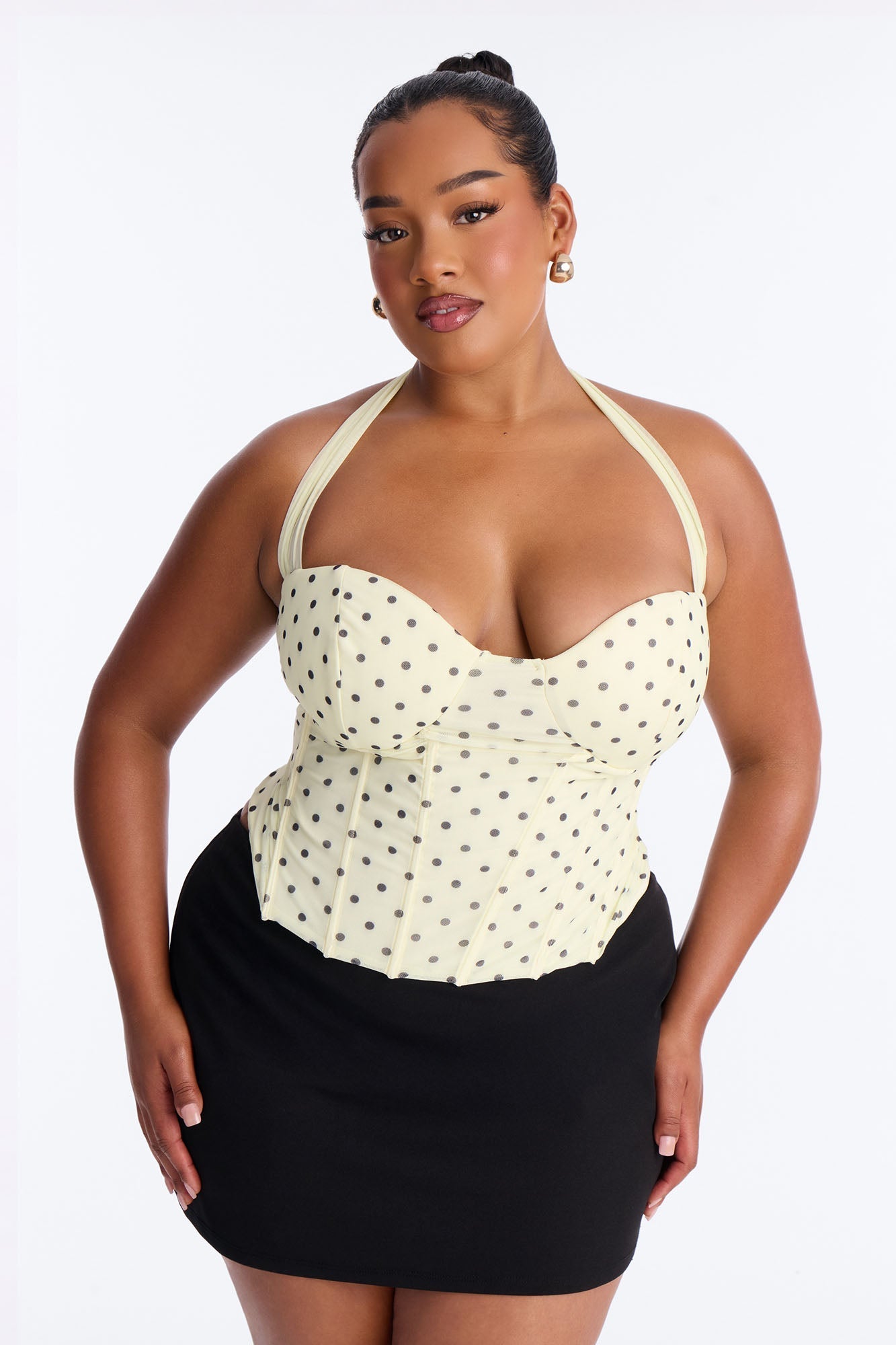 Sabrina Mesh Polka Dot Corset Halter Top - Yellow/combo