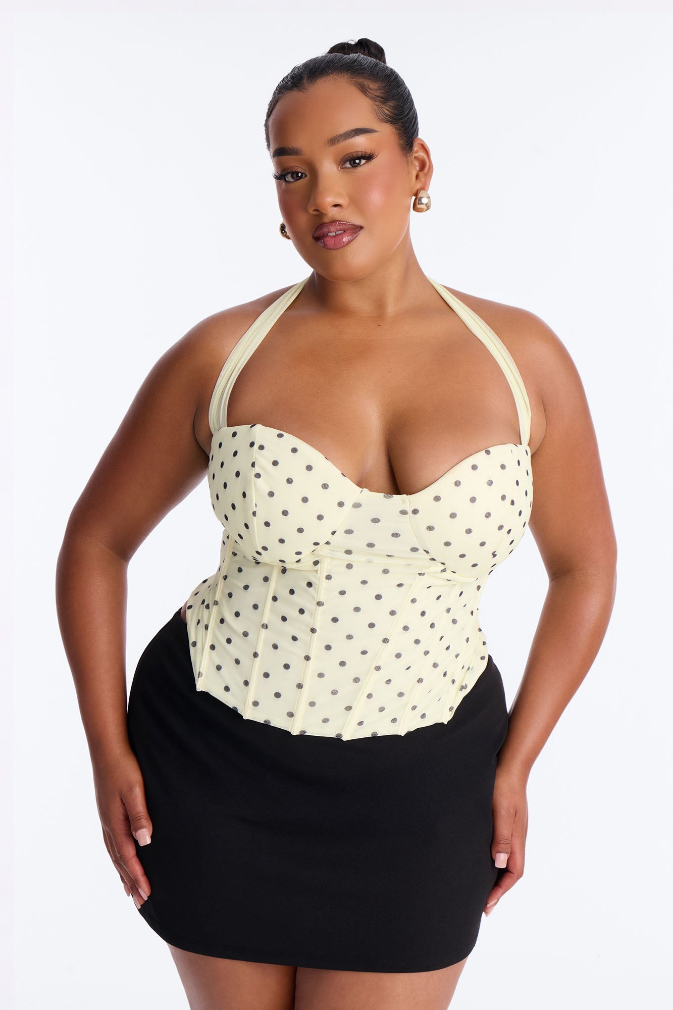 Sabrina Mesh Polka Dot Corset Halter Top - Yellow/combo